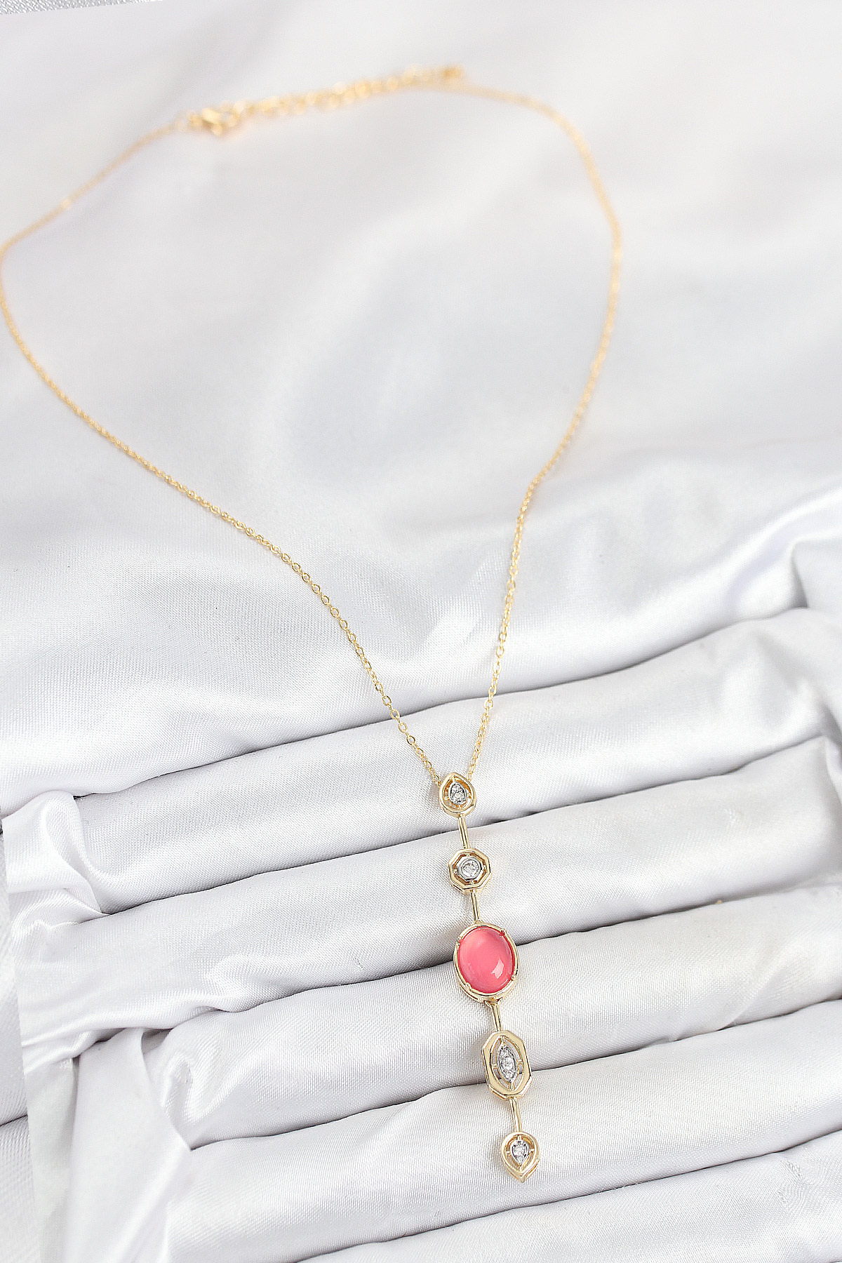Pirinç Zincir Pembe Gold Renk Zirkon Taşlı Y Kolye - Lisinya