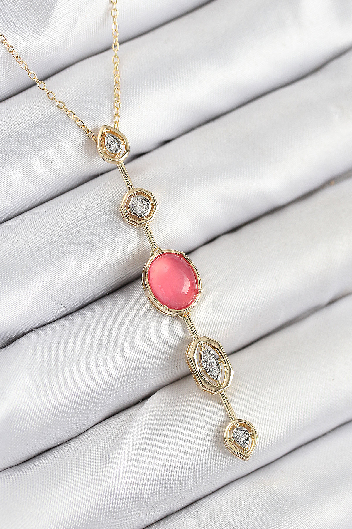 Pirinç Zincir Pembe Gold Renk Zirkon Taşlı Y Kolye - Lisinya