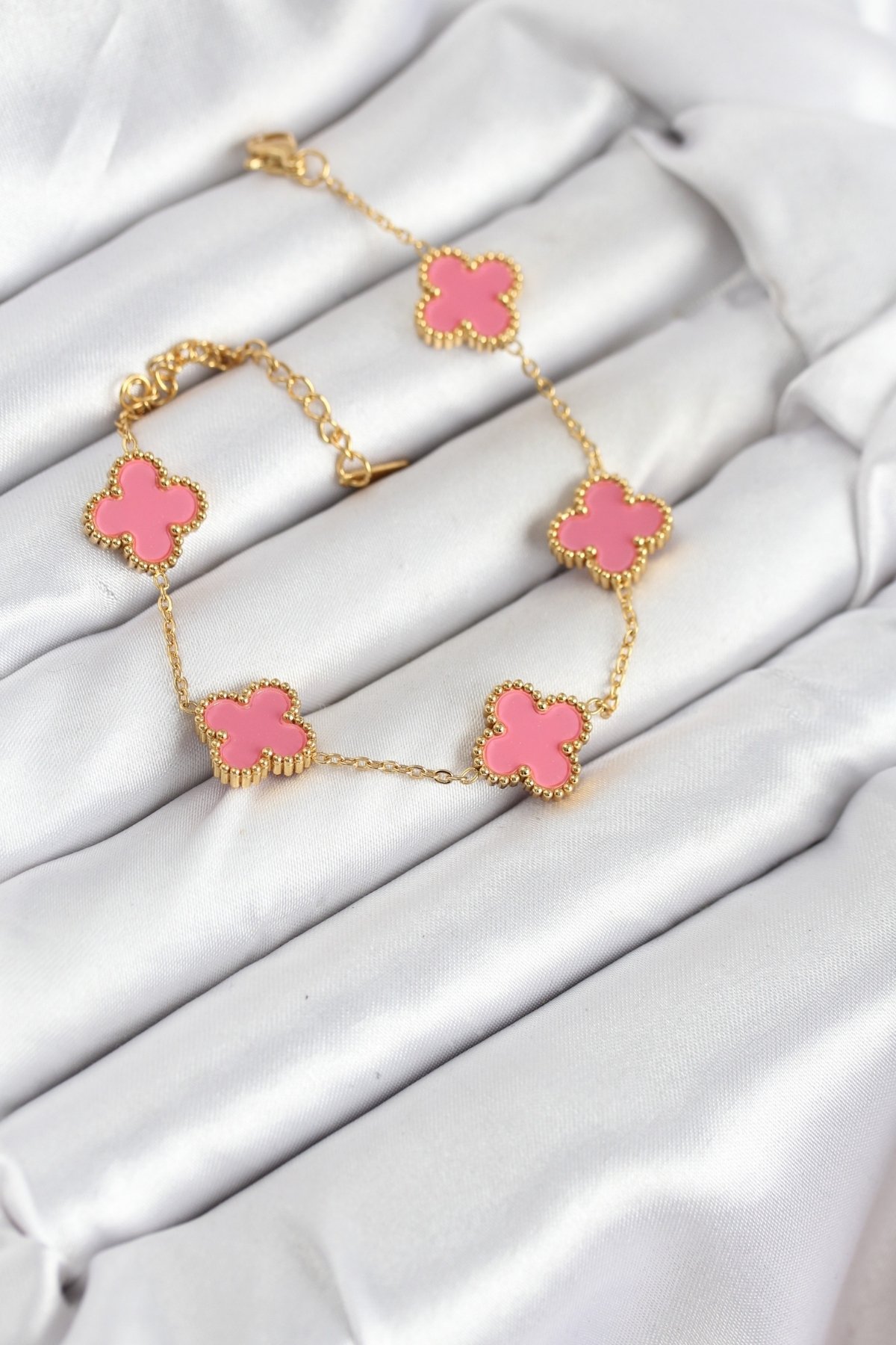 316L Çelik Gold Zincir Pembe Yonca Renk Bileklik - Lisinya