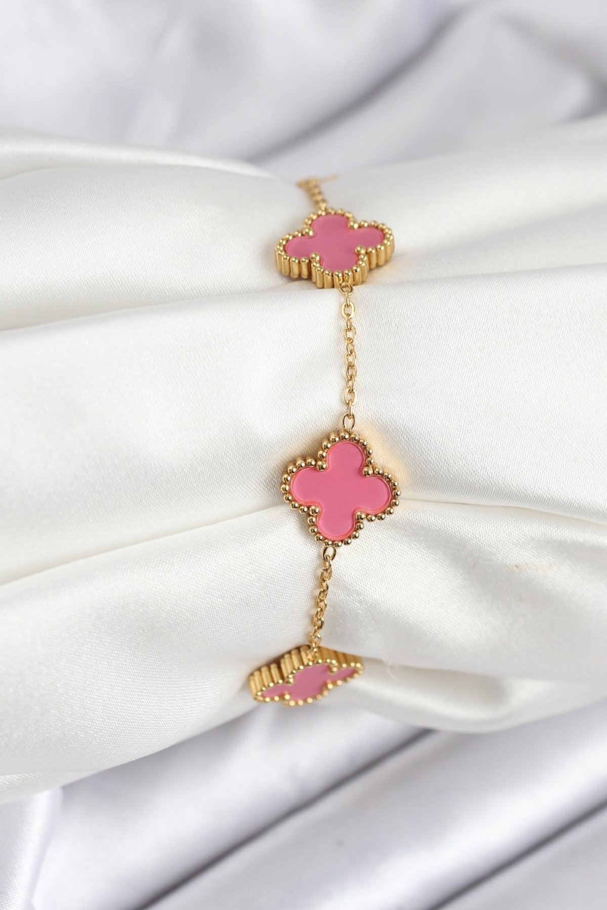 316L Çelik Gold Zincir Pembe Yonca Renk Bileklik - Lisinya