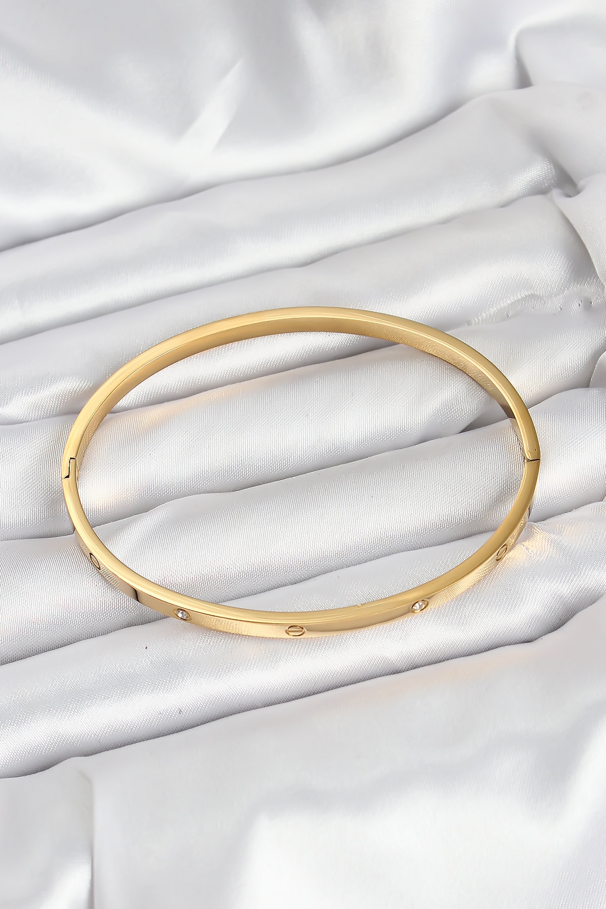 316L Çelik Gold Renk Zirkon Taşlı 65 mm İnce Kadın Kelepçe Bileklik - Lisinya