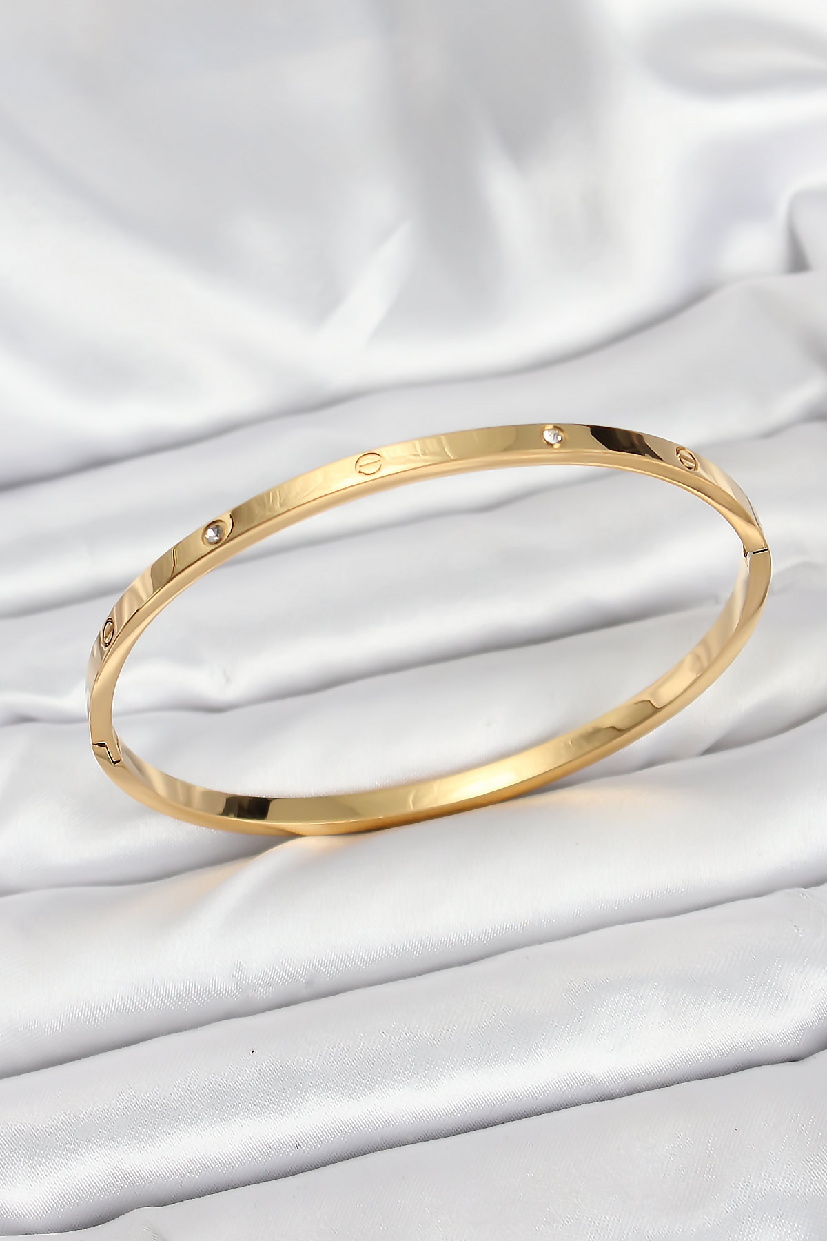 316L Çelik Gold Renk Zirkon Taşlı 65 mm İnce Kadın Kelepçe Bileklik - Lisinya
