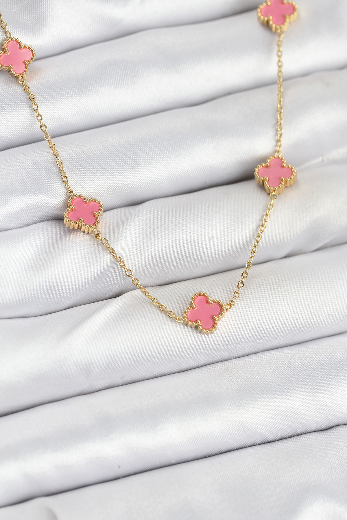 316L Çelik Zincir Gold Renk Pembe Baby Boy Yonca Kadın Kolye - Lisinya