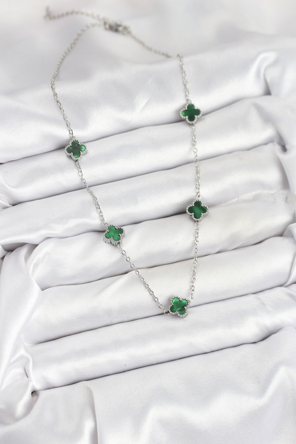 316L Çelik Zincir Gümüş Renk Yeşil Baby Boy Yonca Kadın Kolye - Lisinya