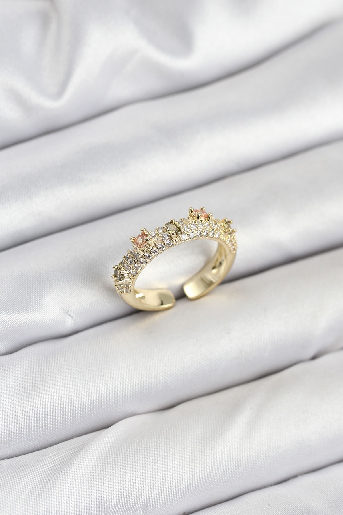 Pirinç Gold Renk Zirkon Taşlı Vintage Kadın Yüzük - Lisinya
