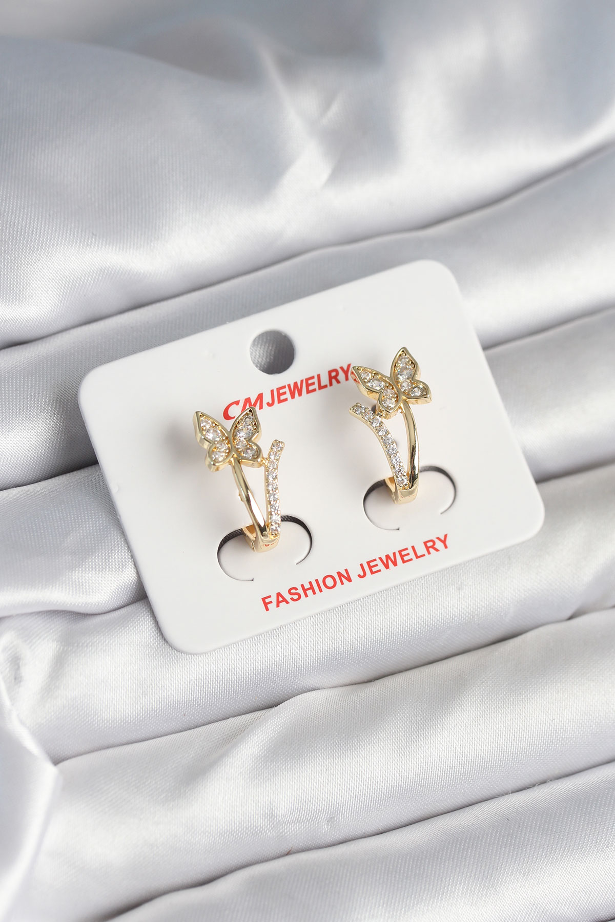 Pirinç Gold Renk Zirkon Taşlı Kelebek Model Kadın Yüzük - Lisinya Pirinç Gold Renk Zirkon Taşlı Kelebek Model Kadın Küpe - Lisinya