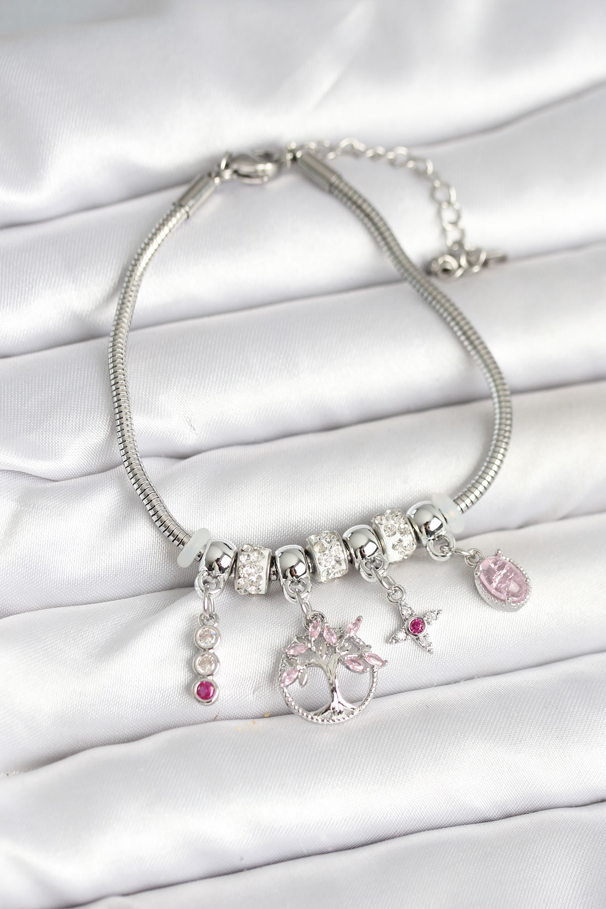 Pirinç Gümüş Renk Yaşam Ağacı Charmlı Kadın Bileklik - Lisinya