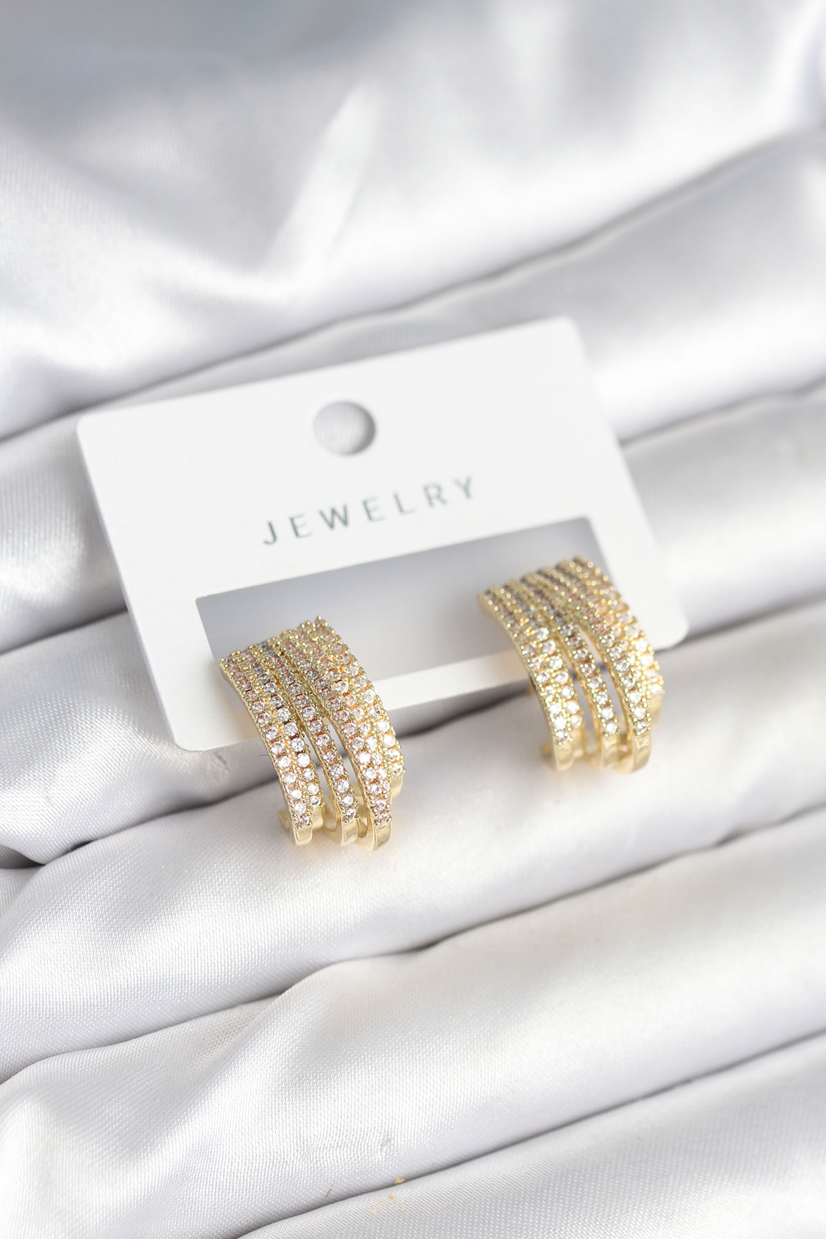 Zirkon Taşlı Şerit Model Gold Renk Pirinç Kadın Küpe - Lisinya