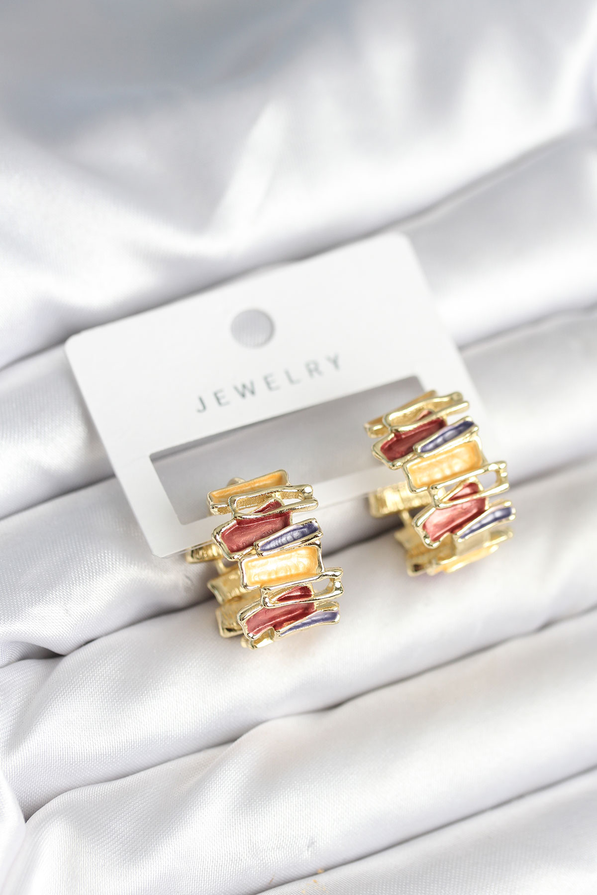 Mineli Karışık Renkli Gold Pirinç Kadın Küpe - Lisinya