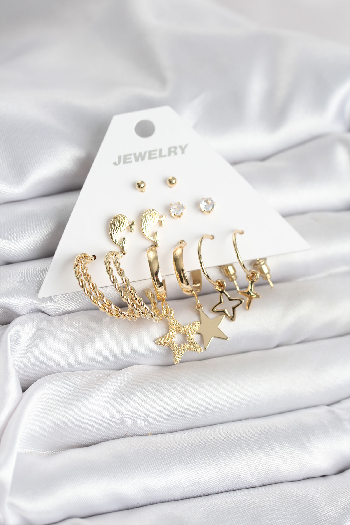 Gold Renk Yıldızlı Set 6 Çift Kadın Küpe Seti - Lisinya