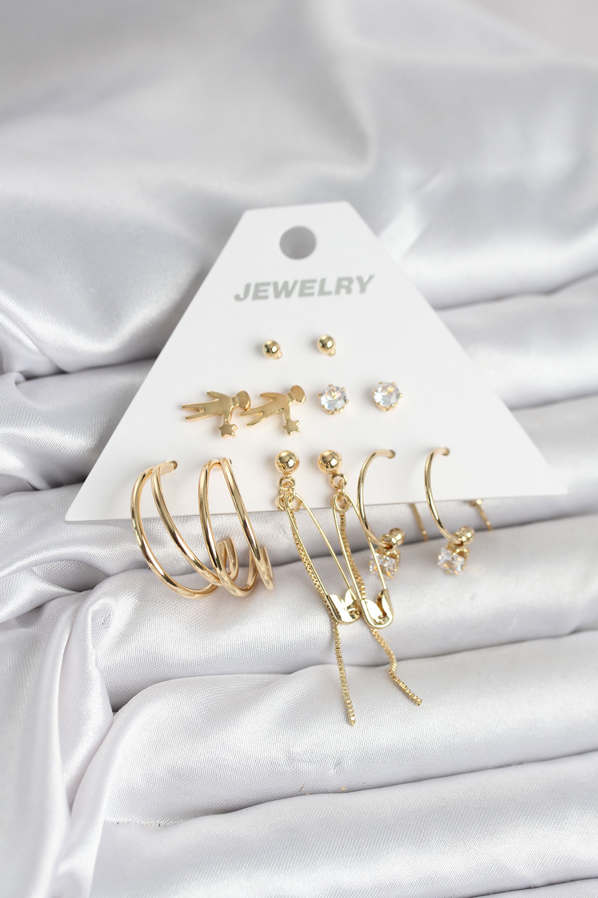 Pirinç Gold Renk 6 Çiftli Kadın Küpe Seti - Lisinya