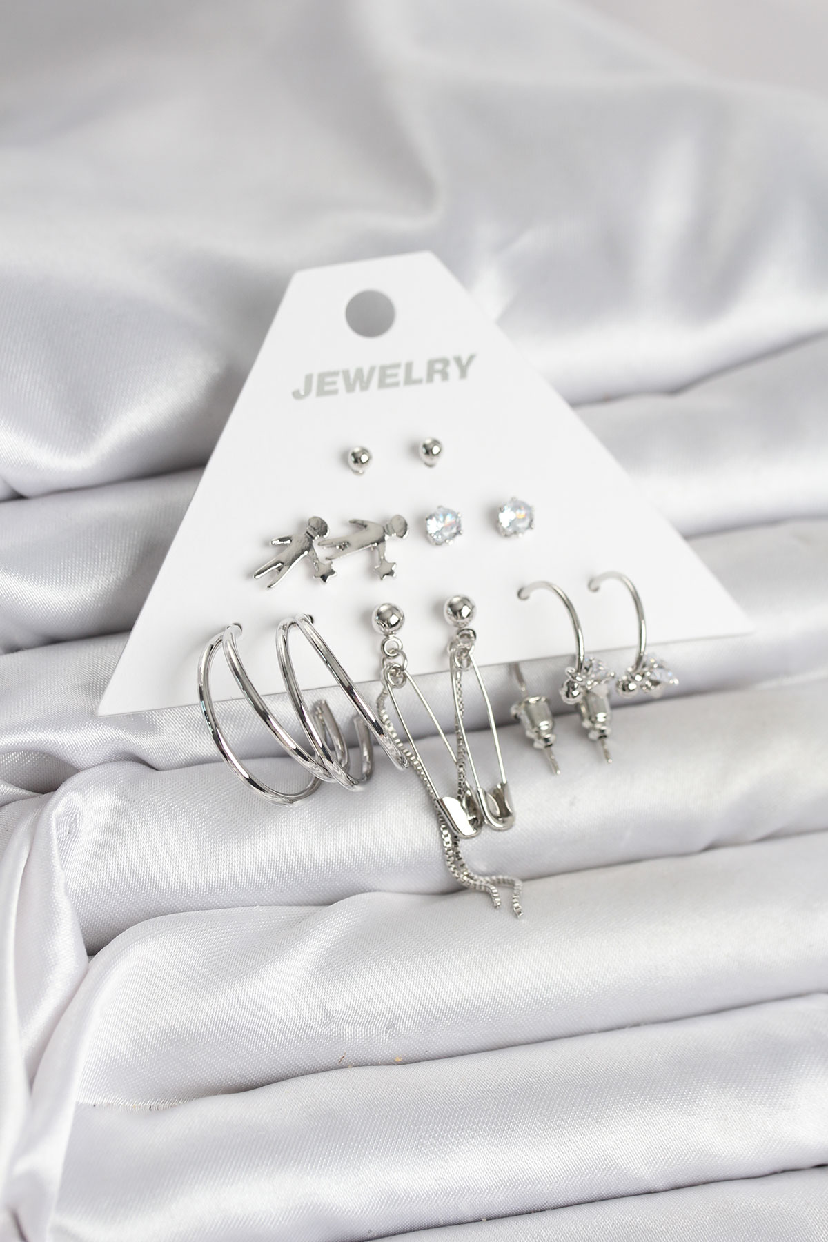 Pirinç Gümüş Renk 6'lı Kadın Küpe Seti - Lisinya