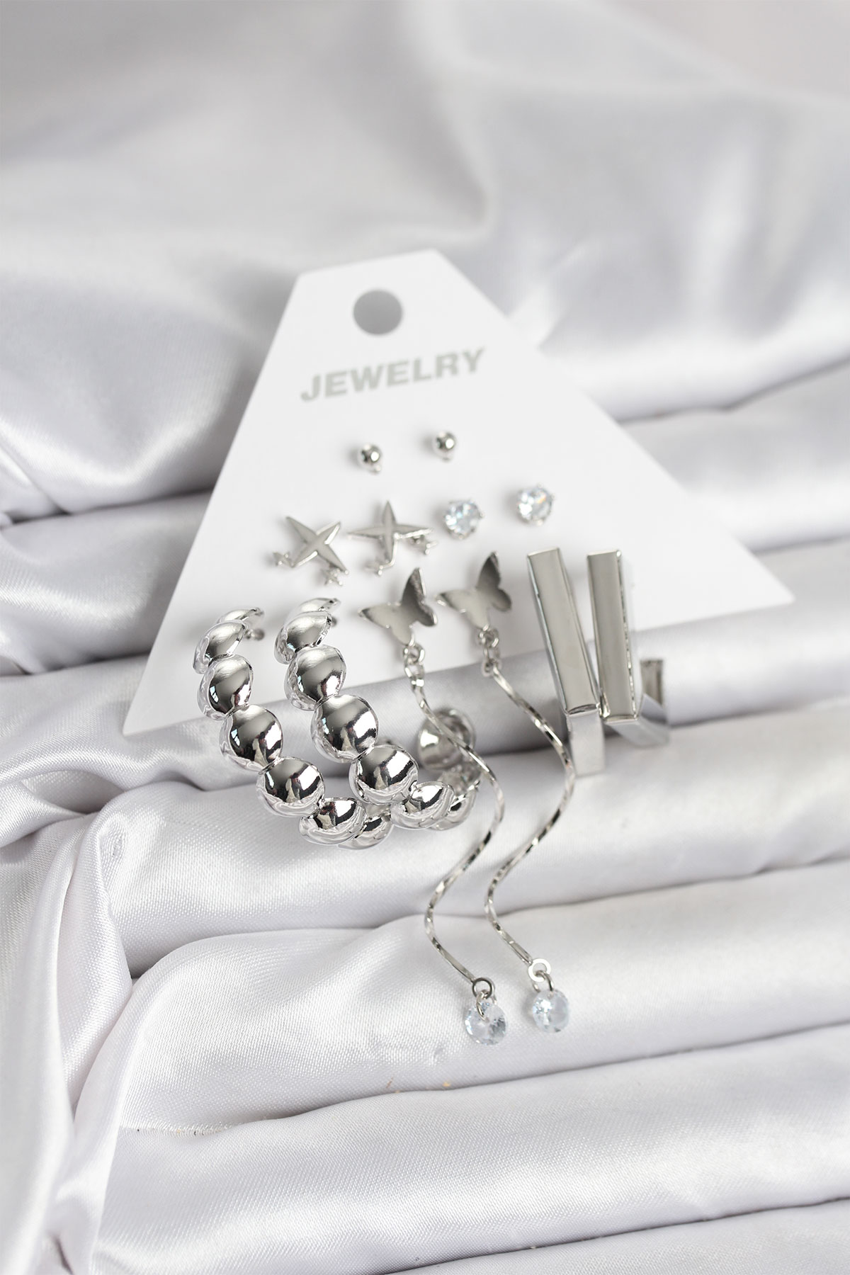 Gümüş Renk Pirinç 6'lı Kadın Küpe Seti - Lisinya