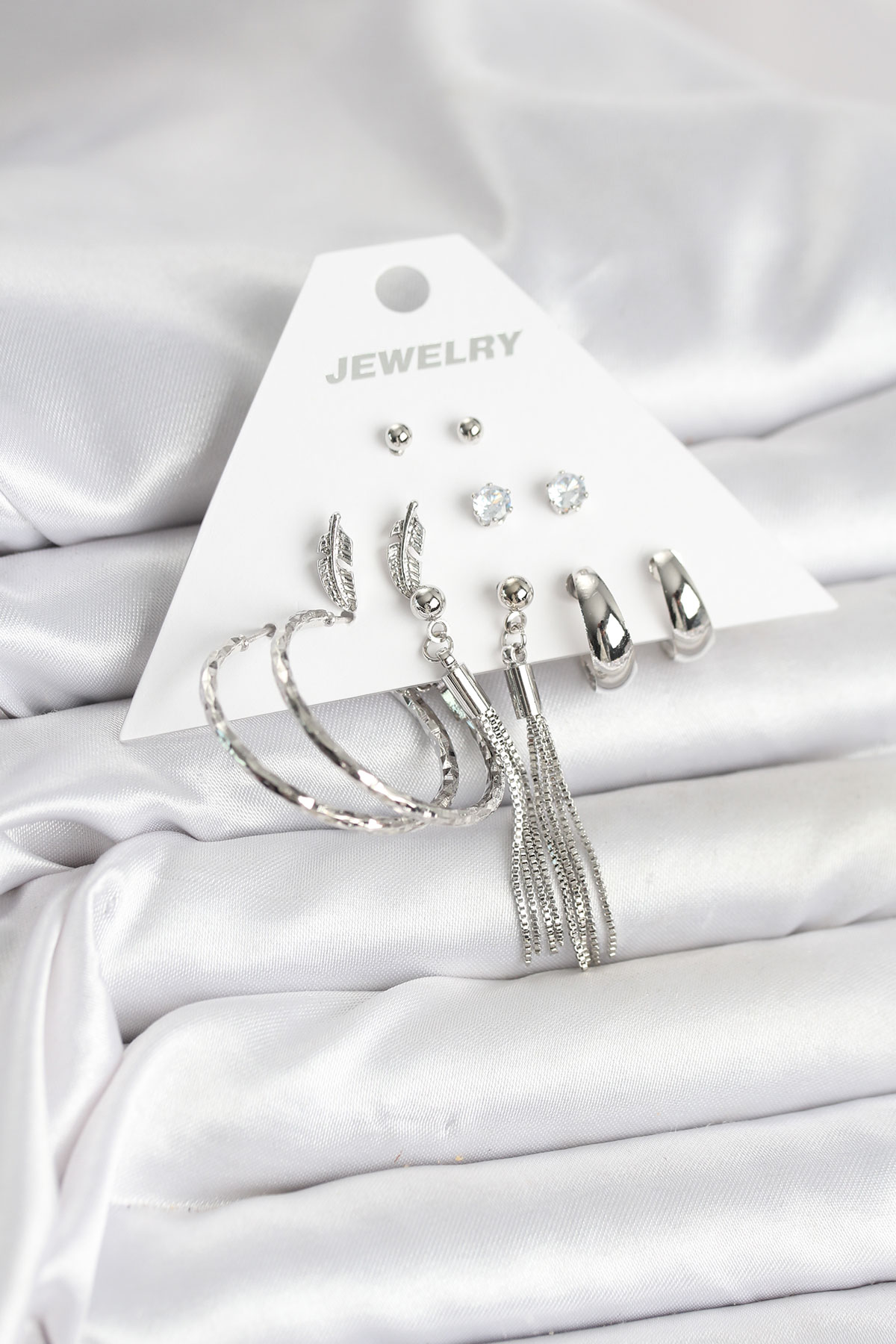 Gümüş Renk Pirinç 6 Çiftli Kadın Küpe Seti - Lisinya