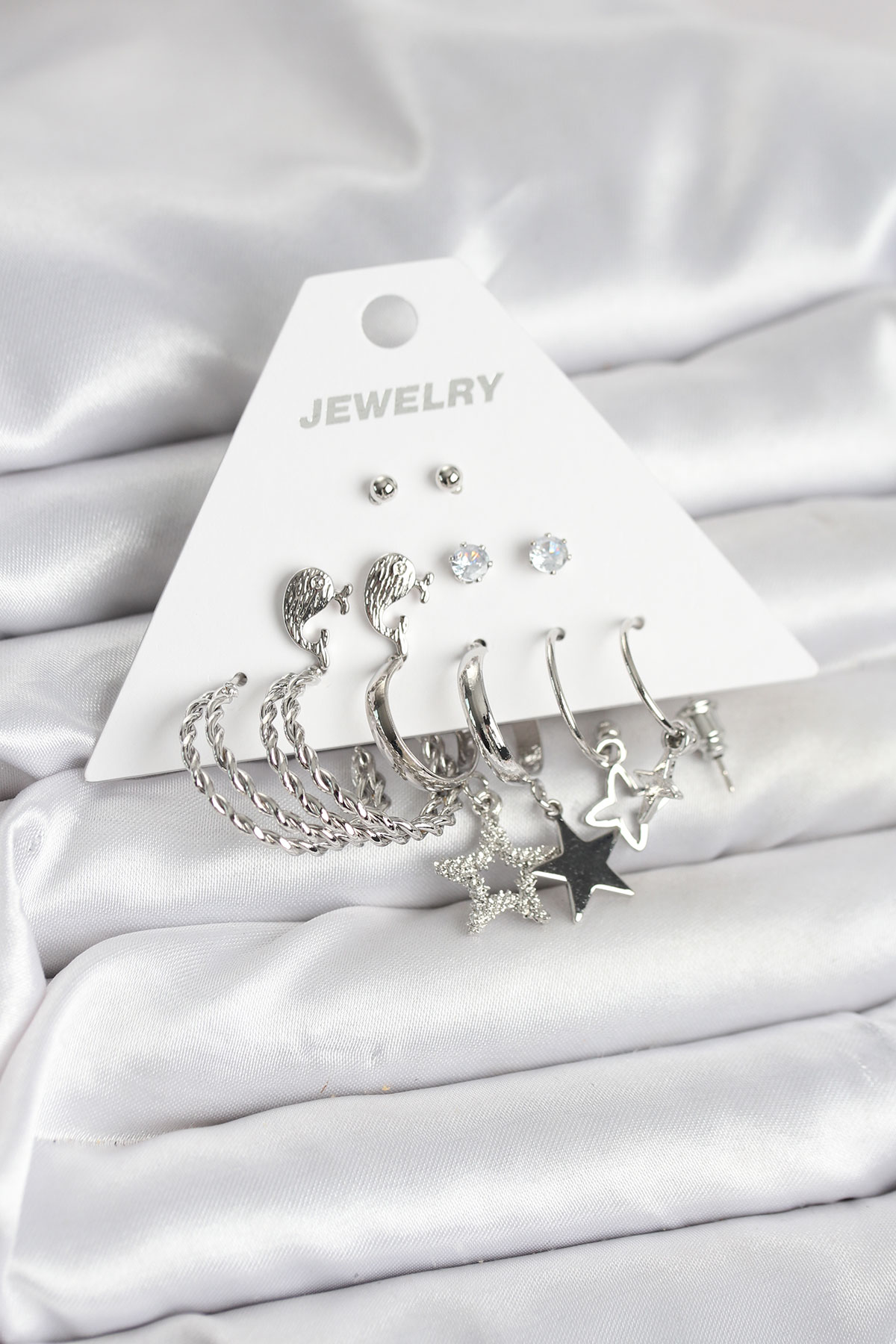 Pirinç Gümüş Renk 6'lı Kadın Küpe Seti - Lisinya