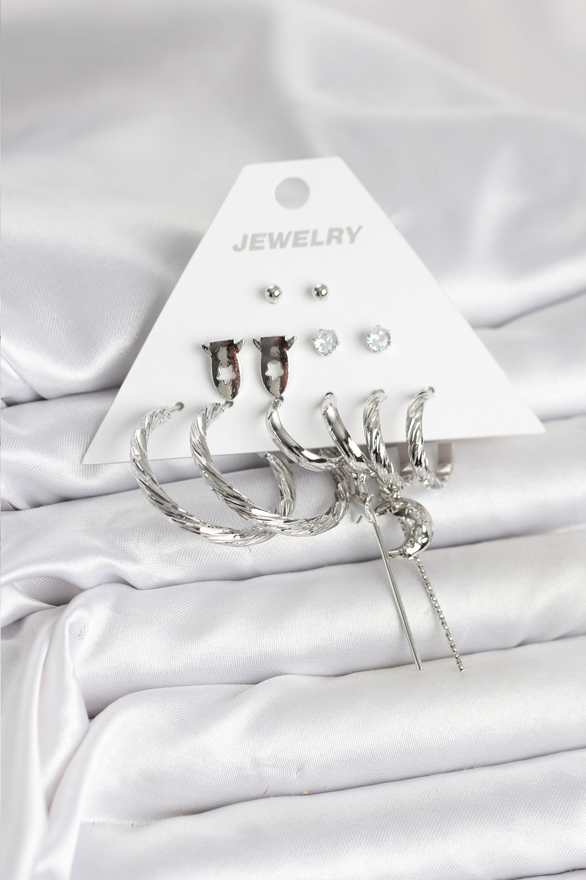 Gümüş Renk Pirinç 6'lı Kadın Küpe Seti - Lisinya