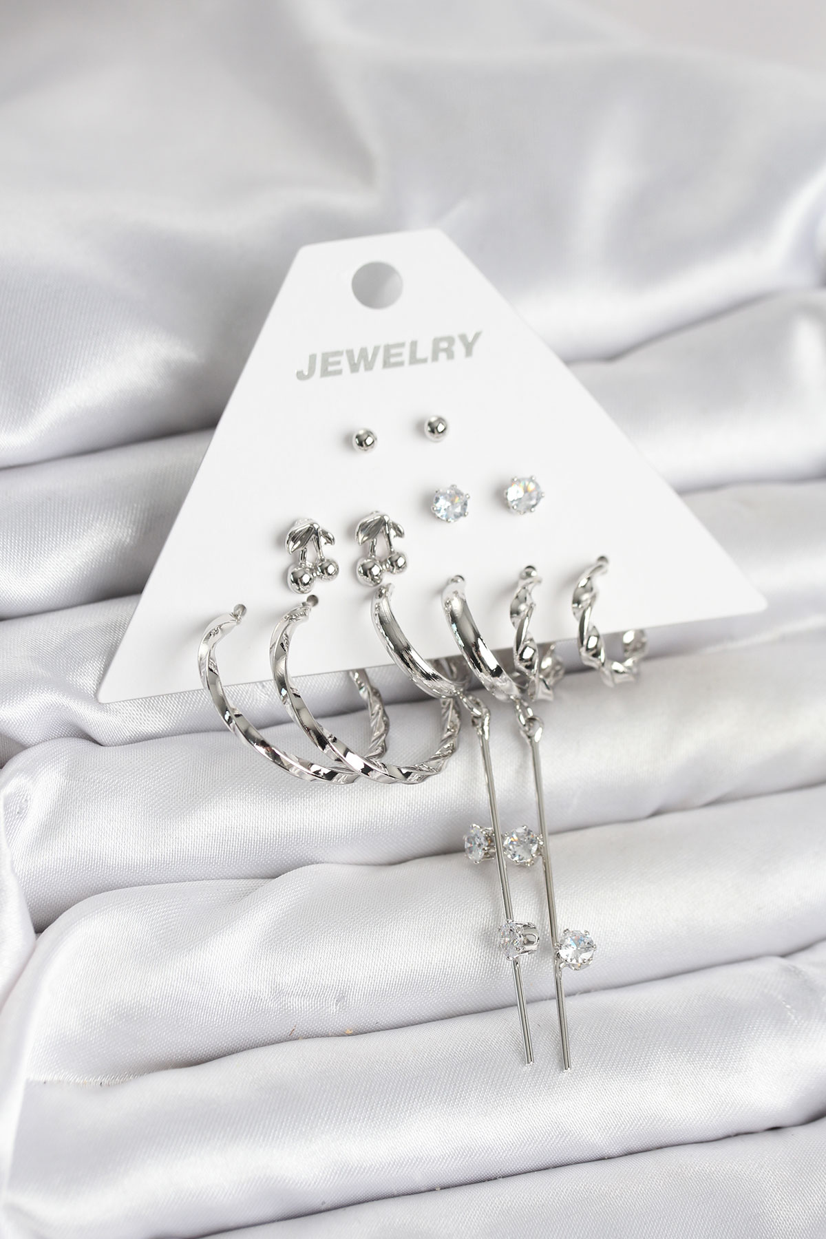 Gümüş Renk Pirinç 6'lı Kadın Küpe Seti - Lisinya