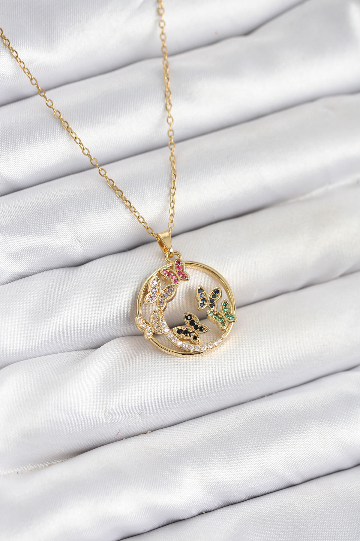 316L Çelik Zincir Gold Renk Zirkon Taşlı Kelebekli Kadın Kolye - Lisinya