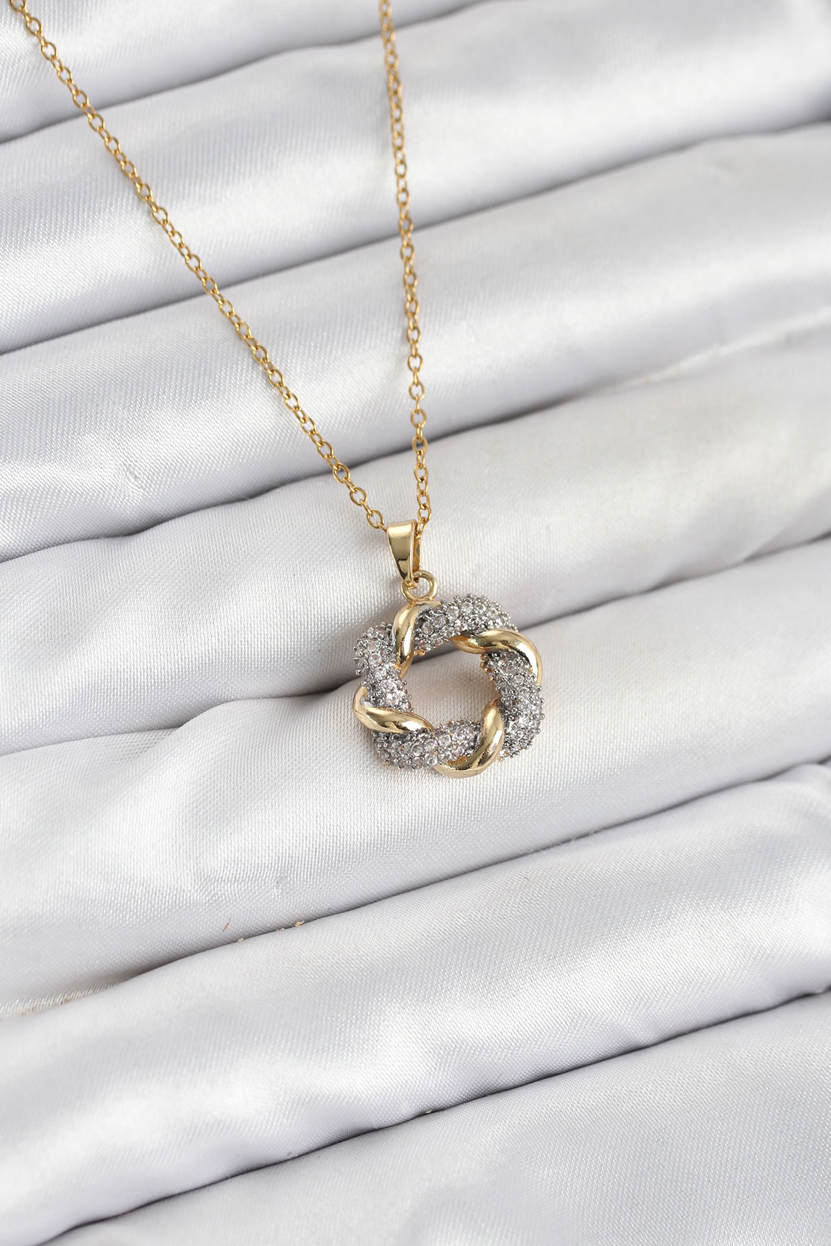 316L Çelik Zincir Gold Renk Zirkon Taşlı Sarmal Model Kadın Kolye - Lisinya