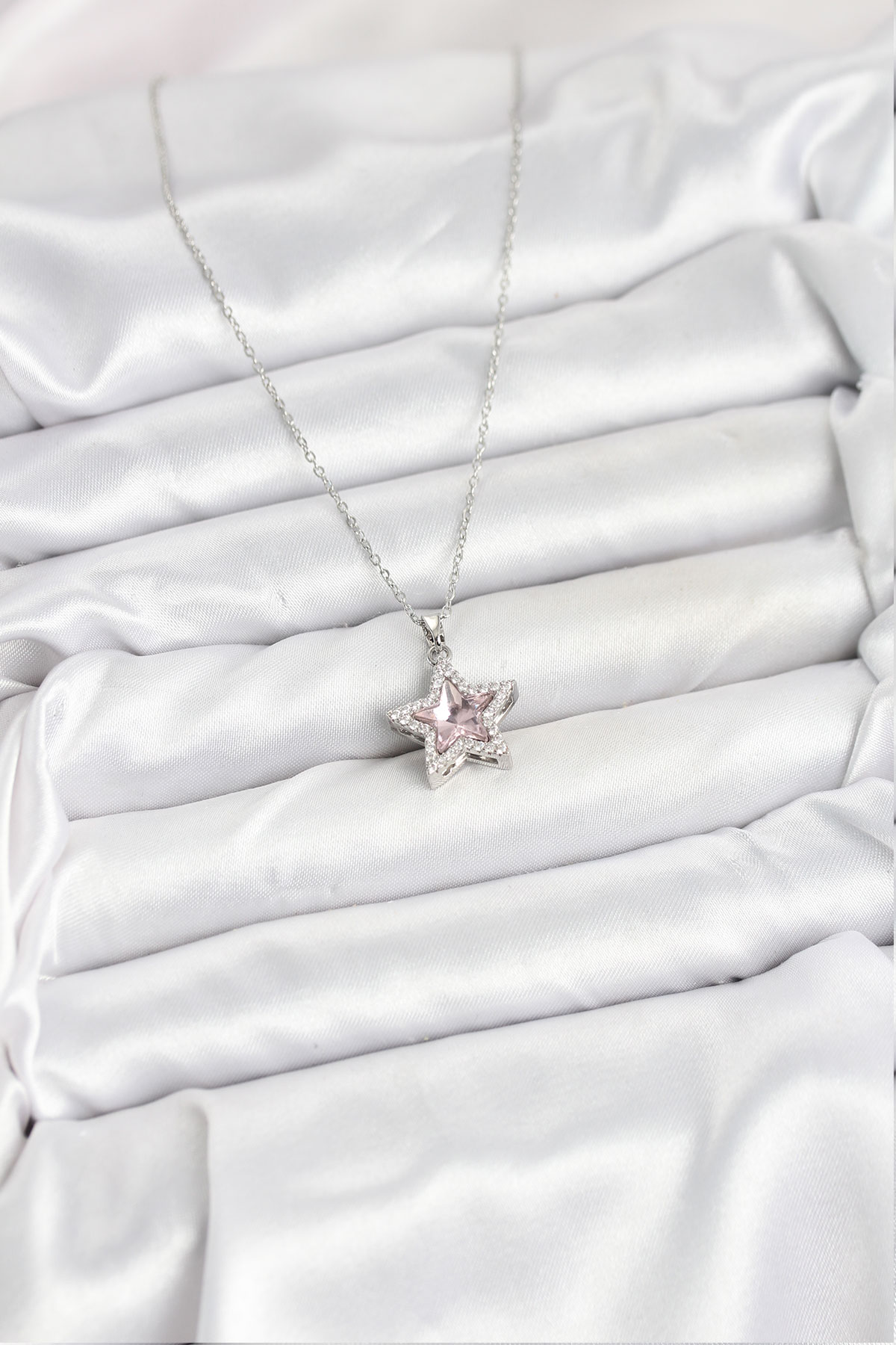 316L Çelik Zincir Gümüş Renk Pembe Taşlı Yıldız Model Kadın Kolye - Lisinya