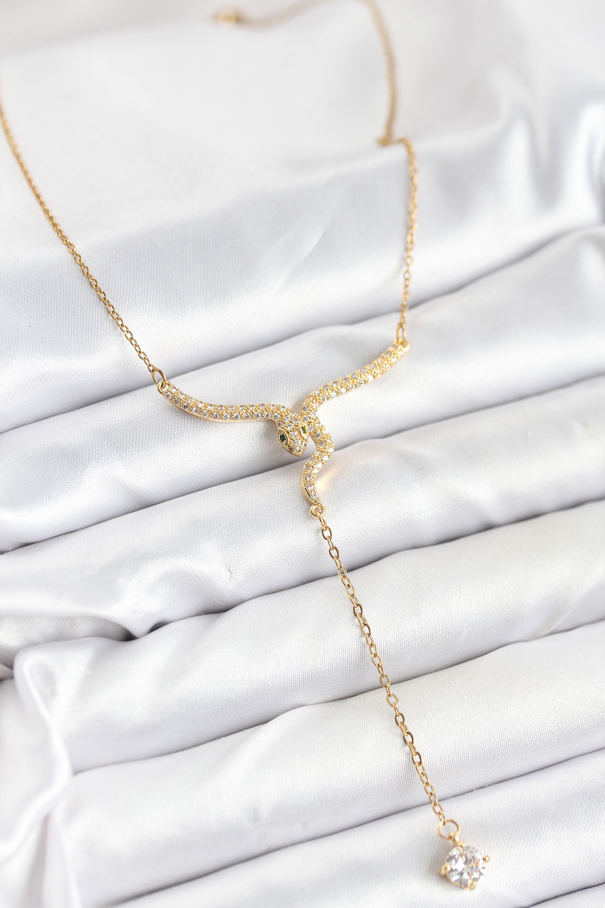 316L Çelik Zincir Gold Renk Yılan Model Y Kolye - Lisinya