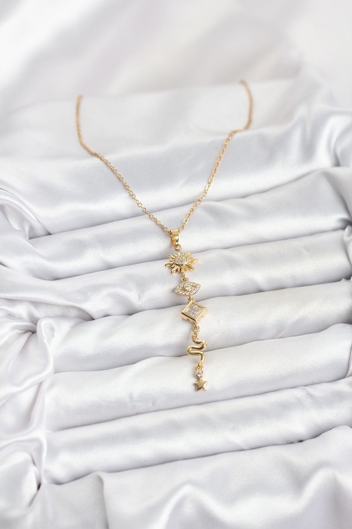 316L Çelik Zincir Gold Renk Güneş ve Enerji Model Kadın Y Kolye - Lisinya