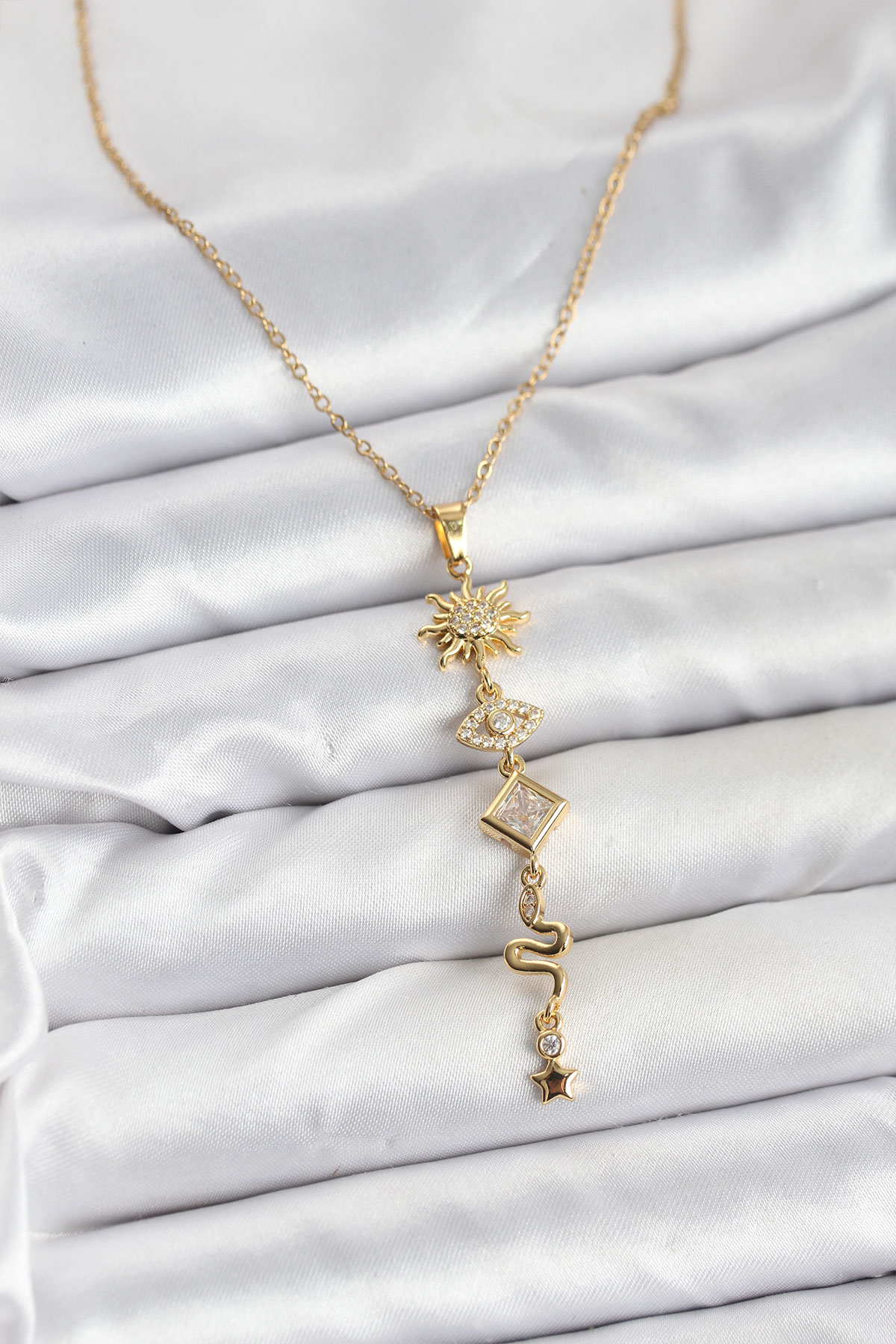 316L Çelik Zincir Gold Renk Güneş ve Enerji Model Kadın Y Kolye - Lisinya