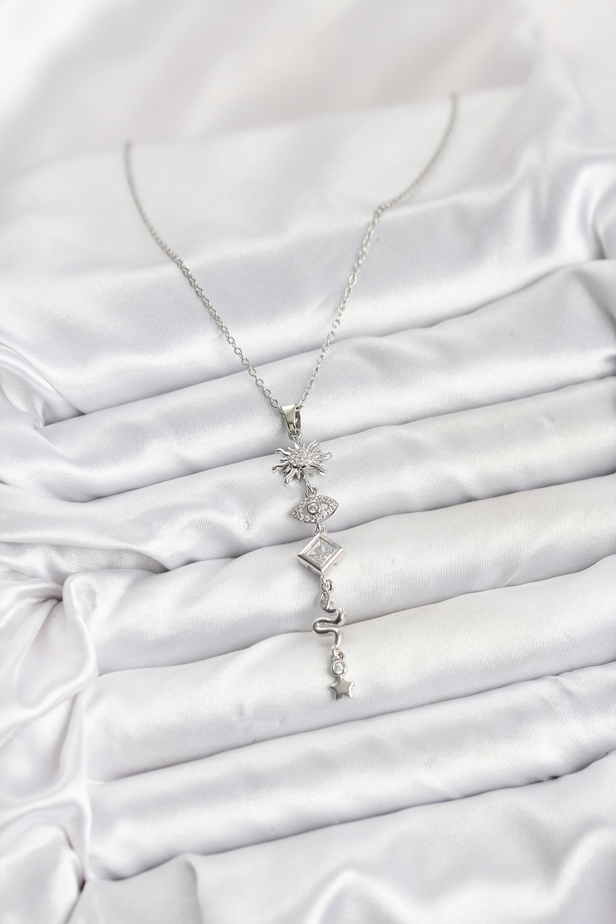 316L Çelik Zincir Gümüş Renk Güneş ve Enerji Model Kadın Y Kolye - Lisinya