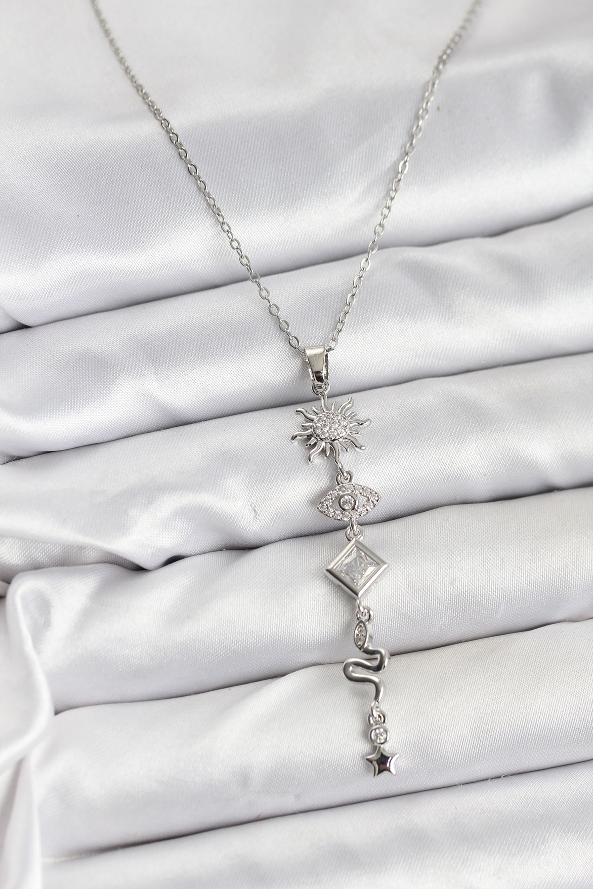 316L Çelik Zincir Gümüş Renk Güneş ve Enerji Model Kadın Y Kolye - Lisinya