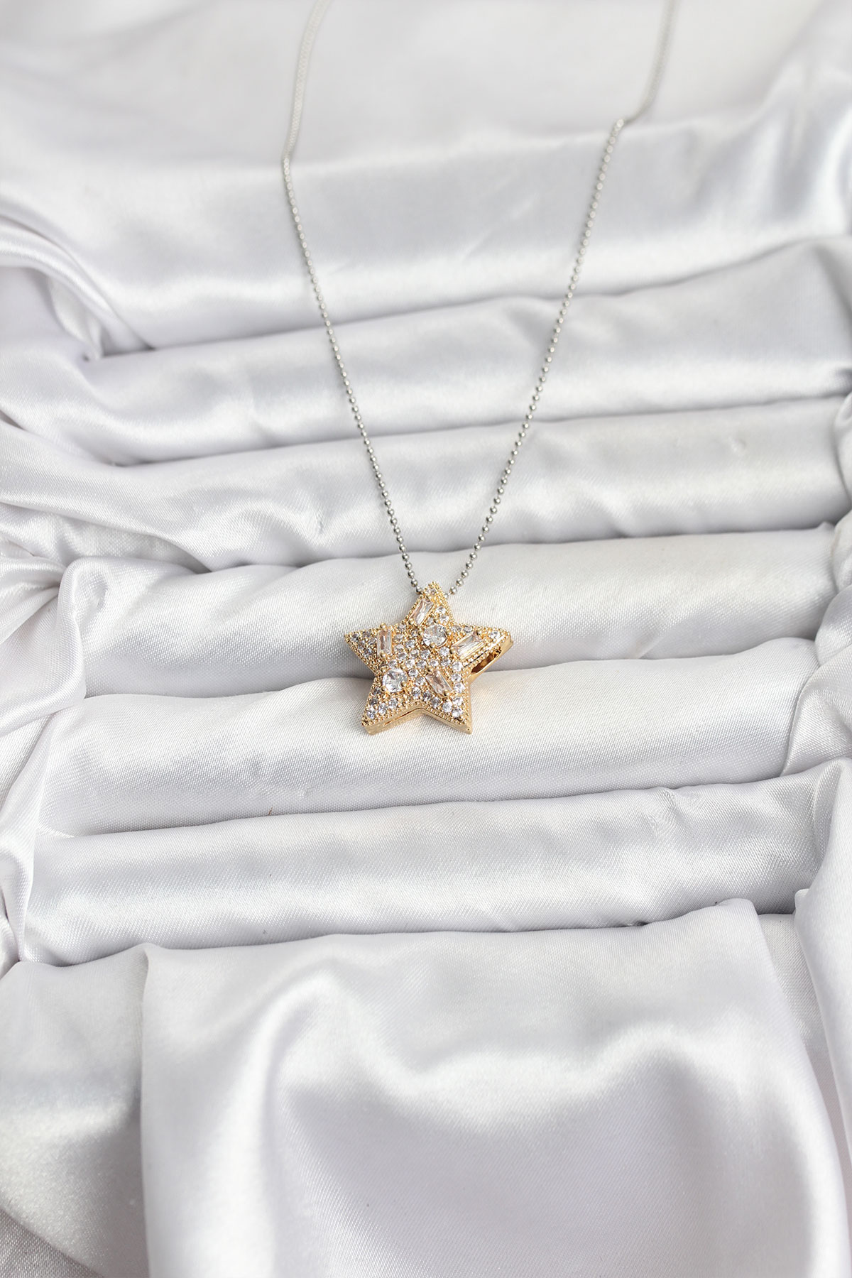 316L Çelik Zincir Gümüş Renk Zincirli Gold Yıldız Model Kadın Kolye - Lisinya