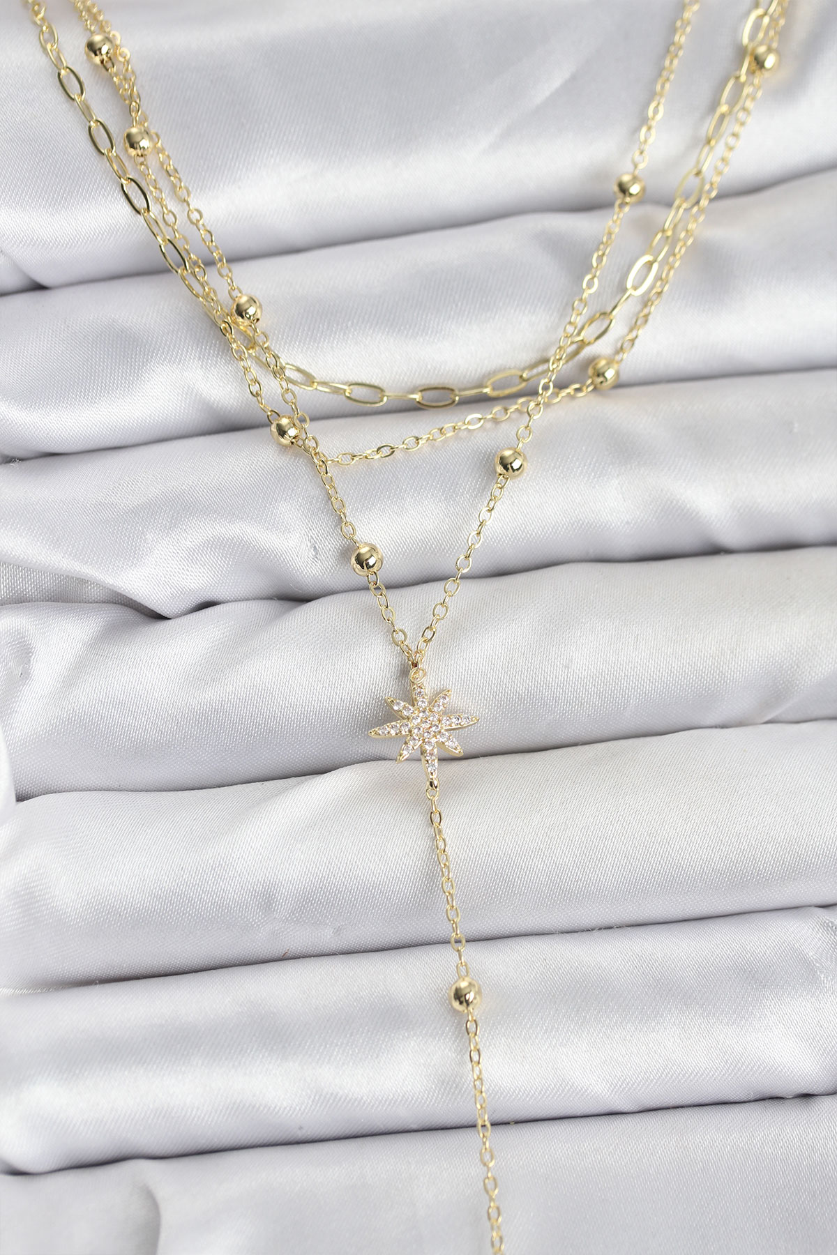 Pirinç Gold Renk Kutup Yıldızı Detaylı 3'lü Kombin Kadın Kolye - Lisinya