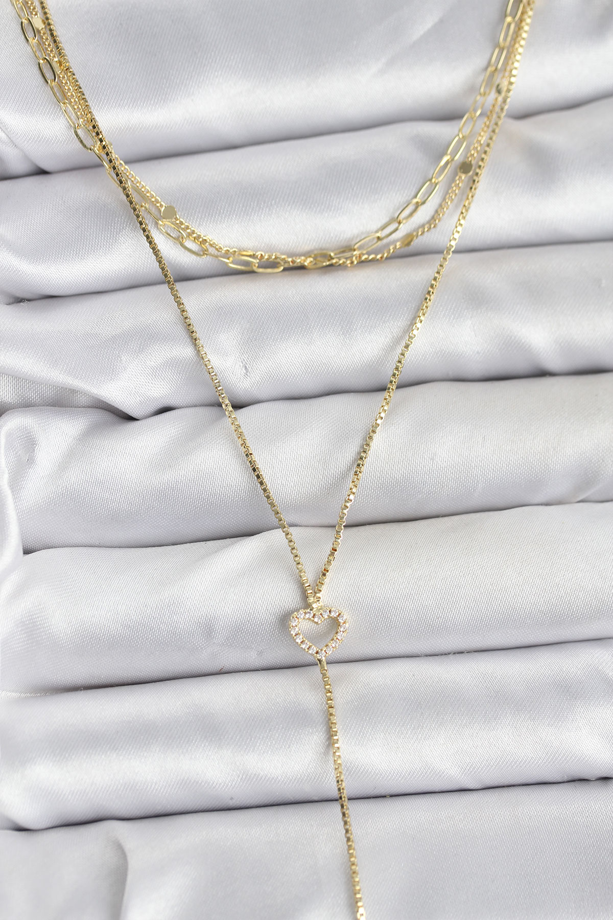 Pirinç Gold Renk Kalp Detaylı 3'lü Kombin Y Kadın Kolye - Lisinya