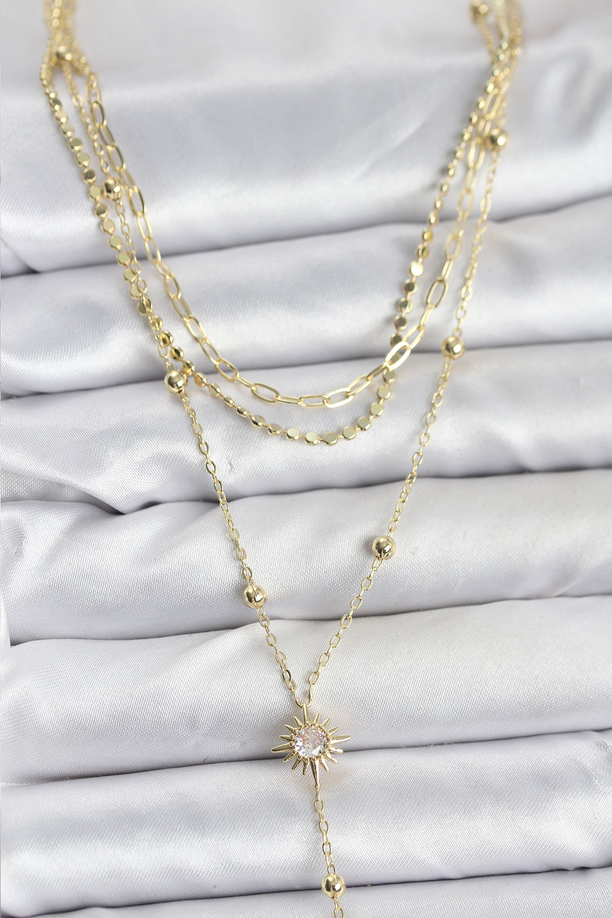 Pirinç Gold Renk Güneş Model Detaylı 3'lü Kombin Y Kadın Kolye - Lisinya