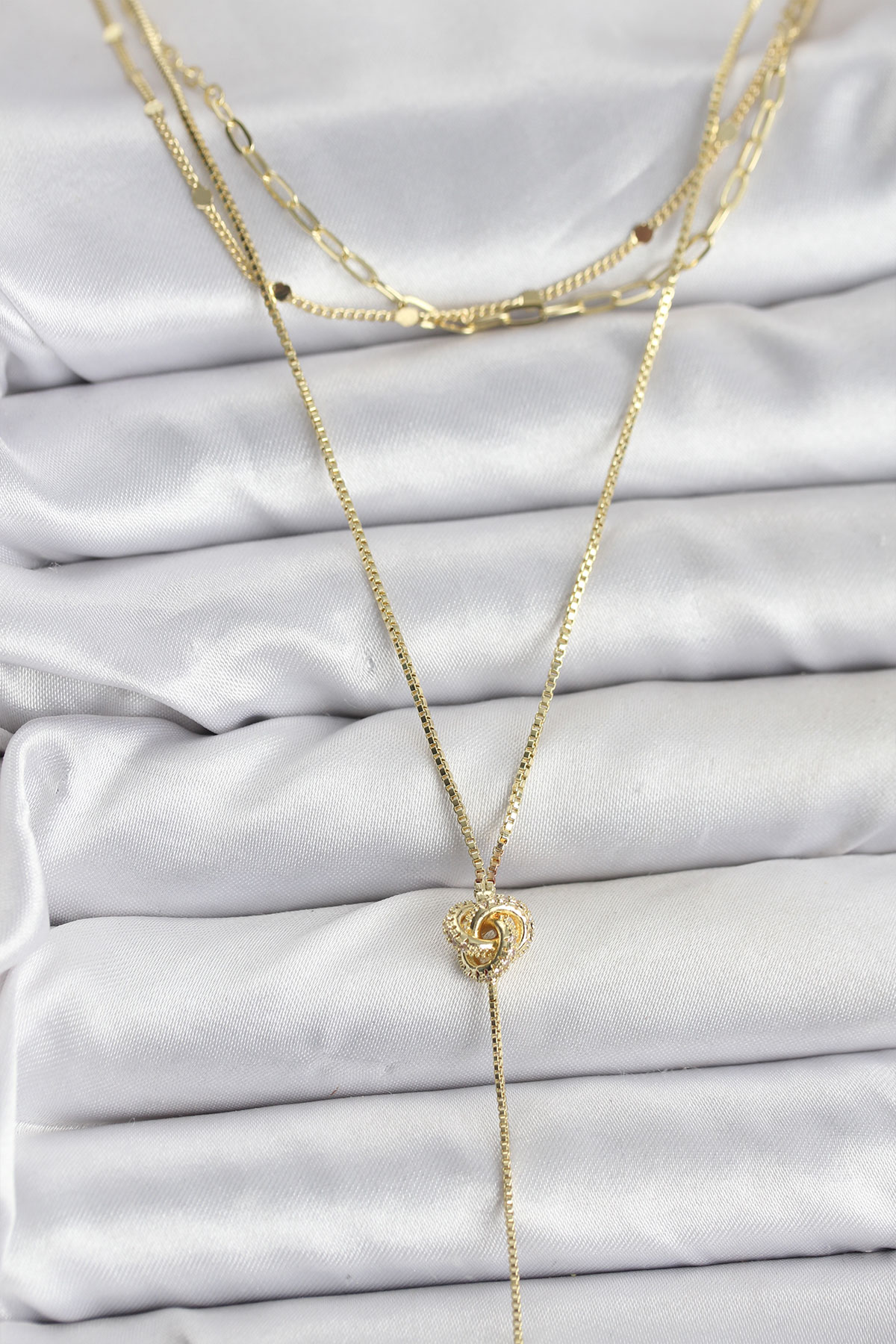 Pirinç Gold Renk Düğüm Model Detaylı 3'lü Kombin Y Kadın Kolye - Lisinya