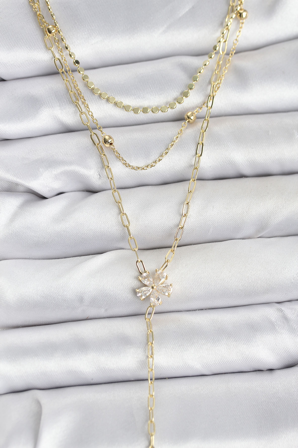 Pirinç Gold Renk Zirkon Taşlı Çiçek Model Detaylı 3'lü Kombin Y Kadın Kolye - Lisinya