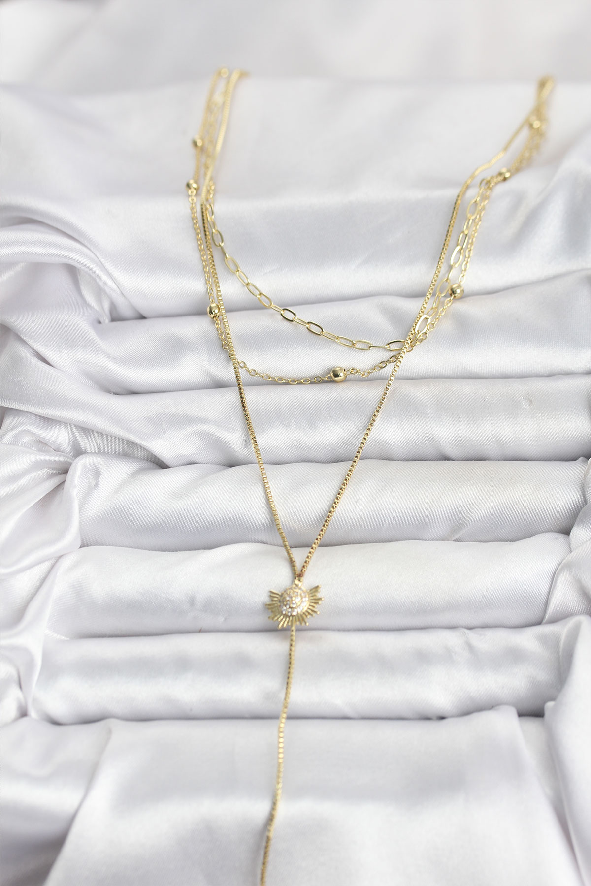 Pirinç Gold Renk Zirkon Taşlı Güneş Model Detaylı 3'lü Kombin Y Kadın Kolye - Lisinya Pirinç Gold Renk Zirkon Taşlı Güneş Model Detaylı 3'lü Kombin Y Kadın Kolye - Lisinya