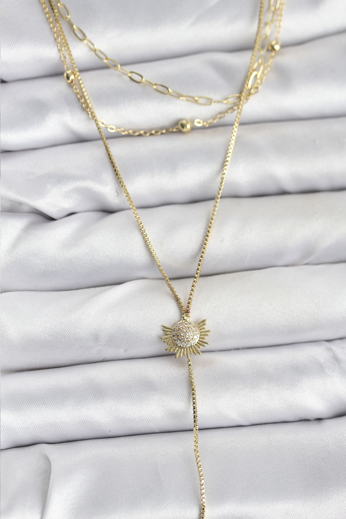 Pirinç Gold Renk Zirkon Taşlı Güneş Model Detaylı 3'lü Kombin Y Kadın Kolye - Lisinya