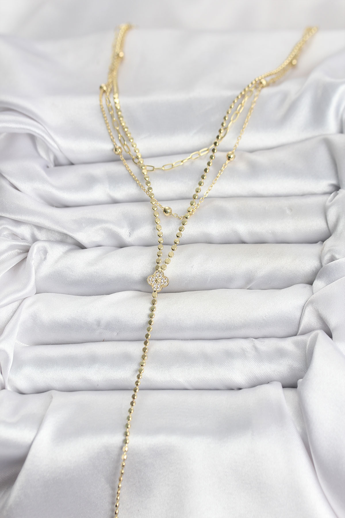 Pirinç Gold Renk Zirkon Taşlı Yonca Model Detaylı 3'lü Kombin Y Kadın Kolye - Lisinya Pirinç Gold Renk Zirkon Taşlı Yonca Model Detaylı 3'lü Kombin Y Kadın Kolye - Lisinya