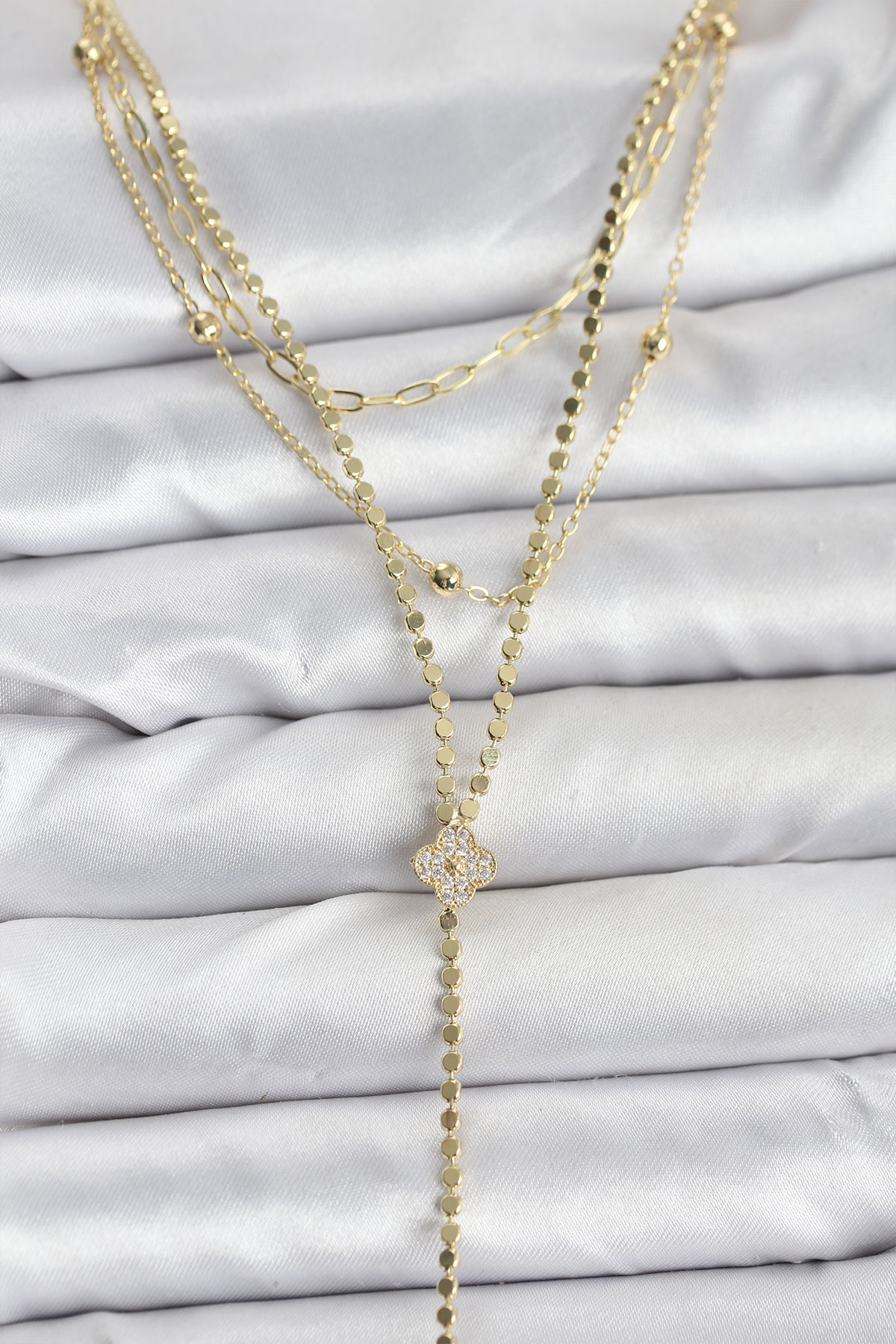 Pirinç Gold Renk Zirkon Taşlı Yonca Model Detaylı 3'lü Kombin Y Kadın Kolye - Lisinya Pirinç Gold Renk Zirkon Taşlı Yonca Model Detaylı 3'lü Kombin Y Kadın Kolye - Lisinya