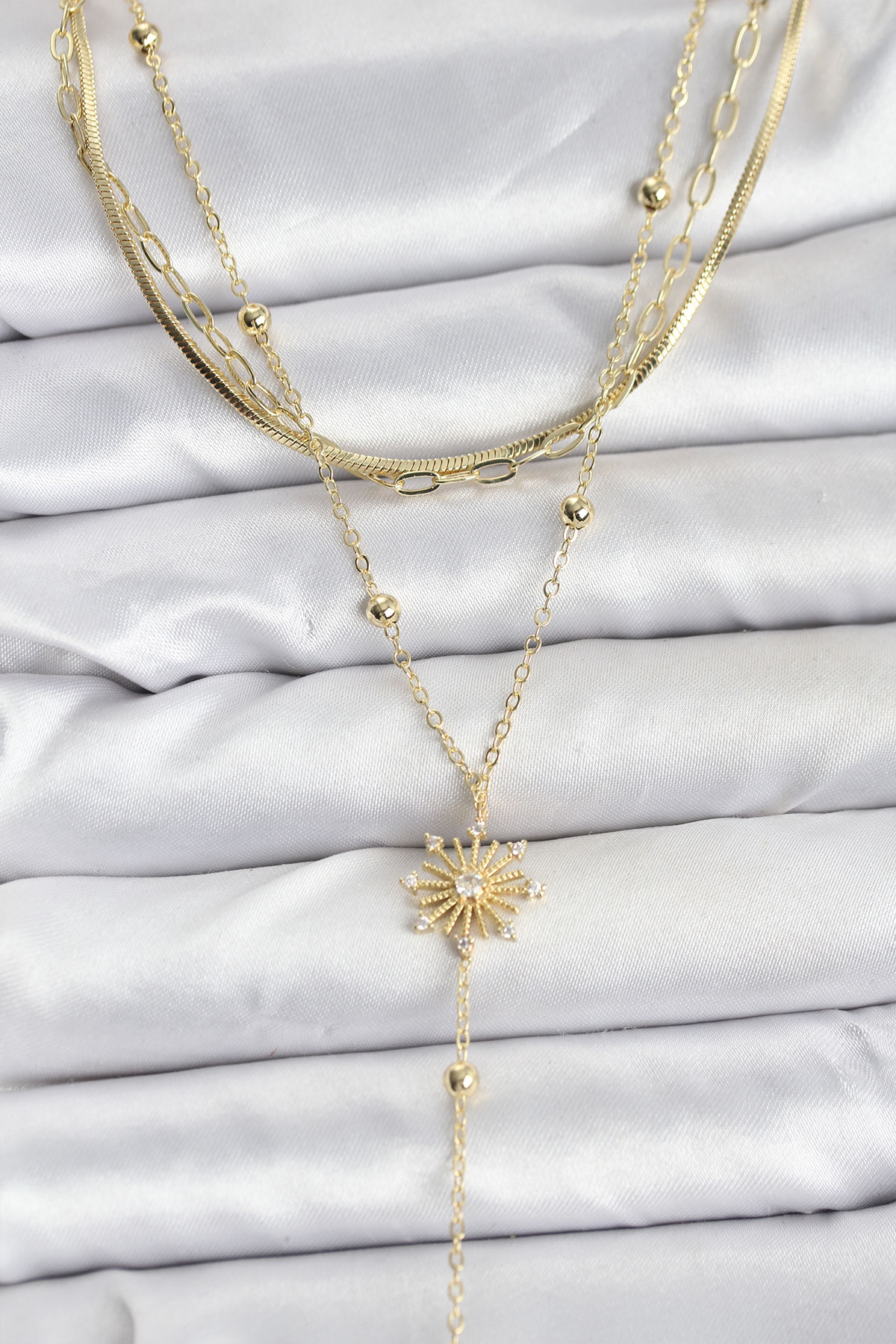 Pirinç Gold Renk Zirkon Taşlı Model Detaylı 3'lü Kombin Y Kadın Kolye - Lisinya