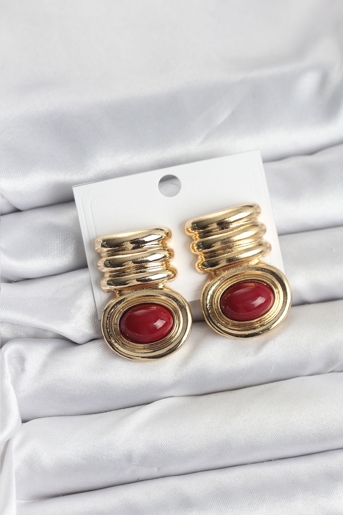 Pirinç Gold Bordo Renk Vintage Kadın Küpe - Lisinya