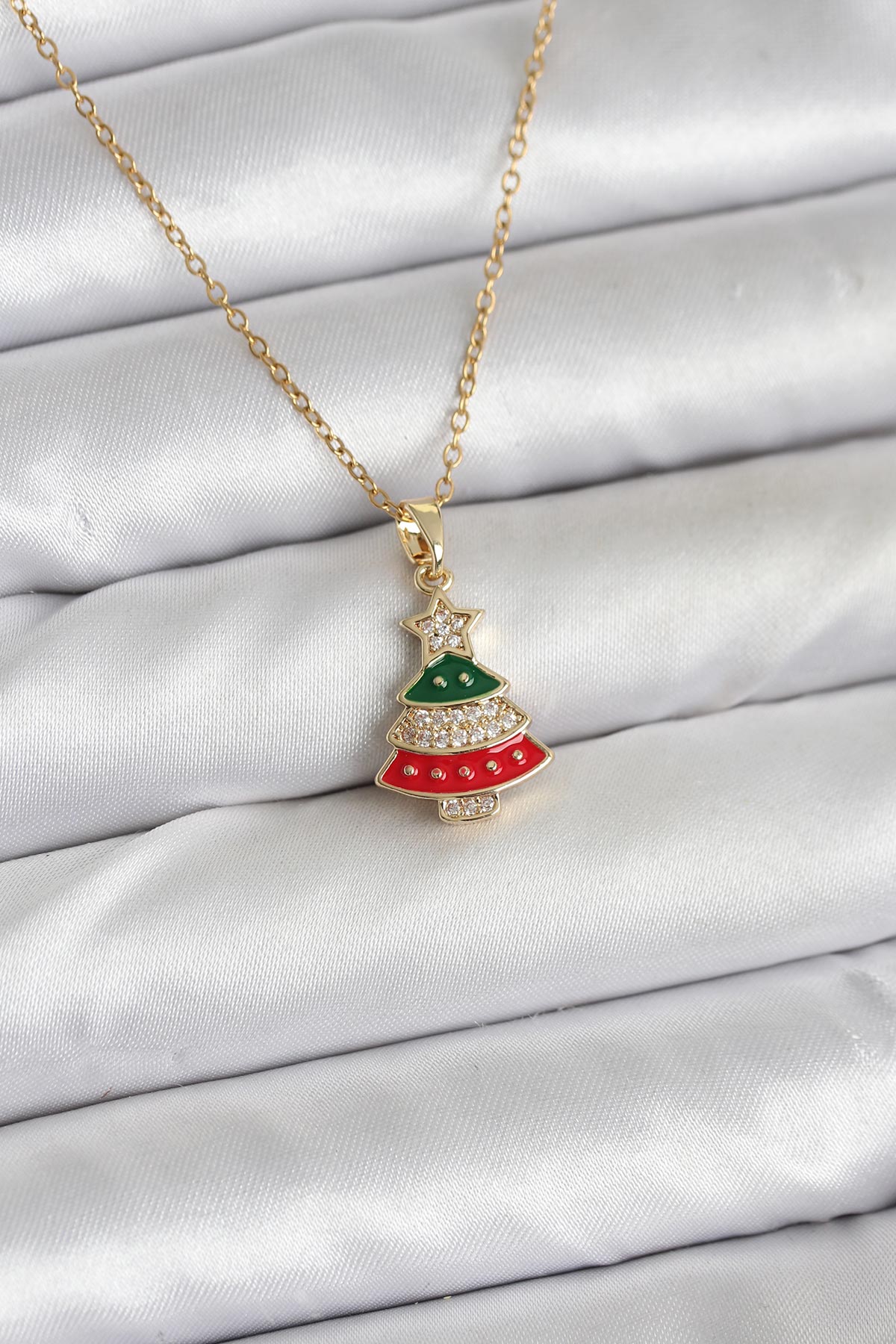 316L Çelik Zincir Gold Ren Çam Ağacı Model Zirkon Taşlı Yılbaşı Temalı Kadın Kolye - Lisinya