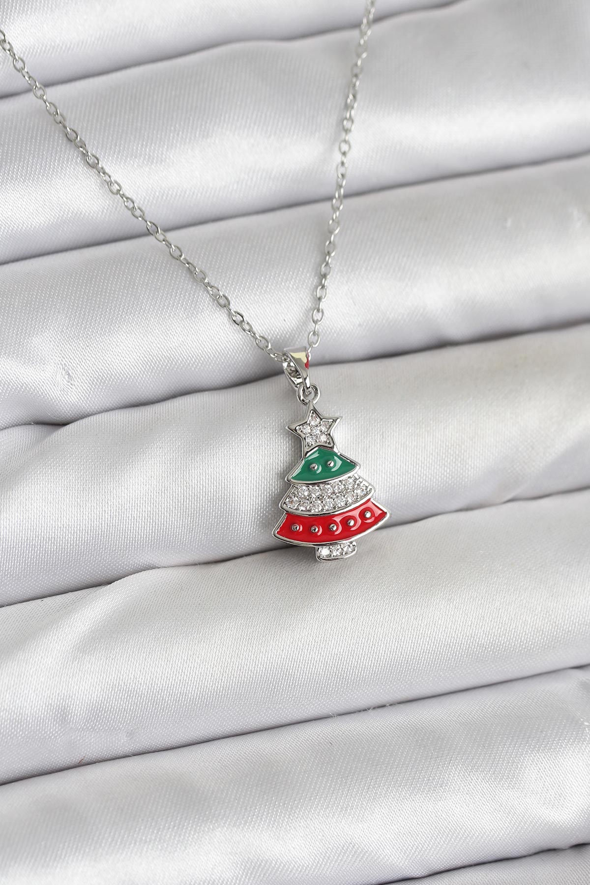 316L Çelik Zincir Gümüş Ren Çam Ağacı Model Zirkon Taşlı Yılbaşı Temalı Kadın Kolye - Lisinya