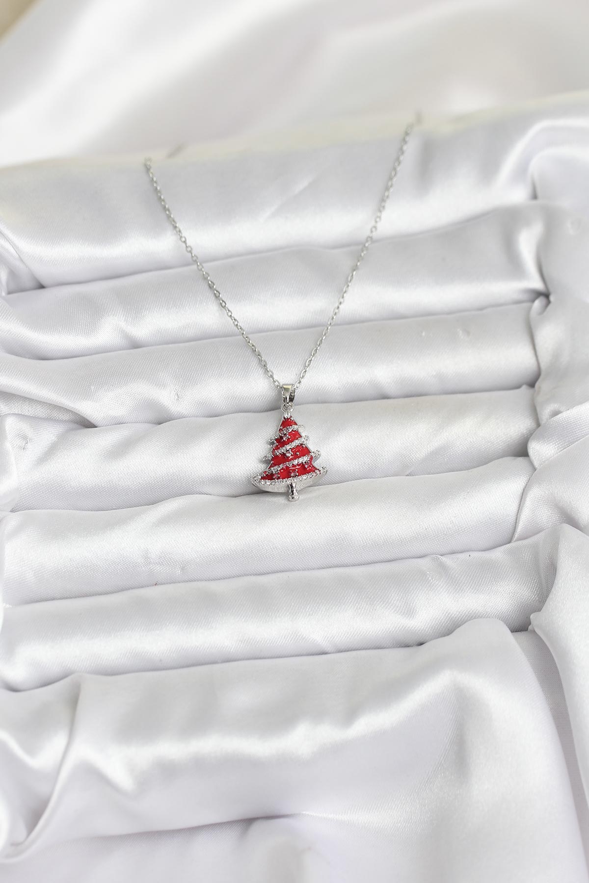 316L Çelik Zincir Gümüş Renk Kırmızı Çam Ağacı Model Yılbaşı Temalı Kadın Kolye - Lisinya