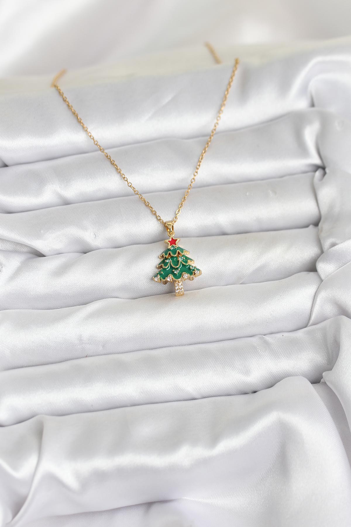 316L Çelik Zincir Gold Renk Çam Ağacı Model Yılbaşı Temalı Kadın Kolye - Lisinya