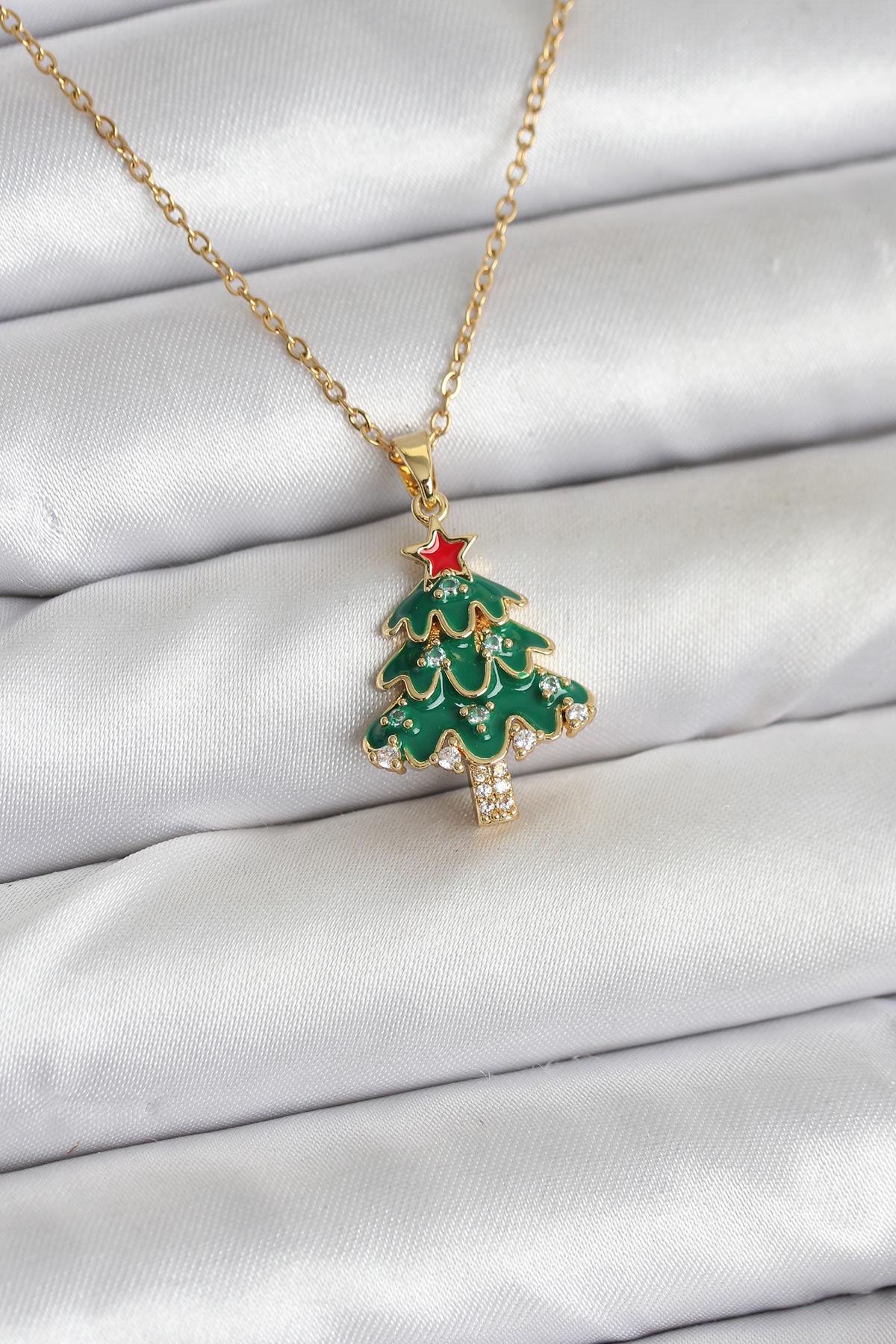 316L Çelik Zincir Gold Renk Çam Ağacı Model Yılbaşı Temalı Kadın Kolye - Lisinya