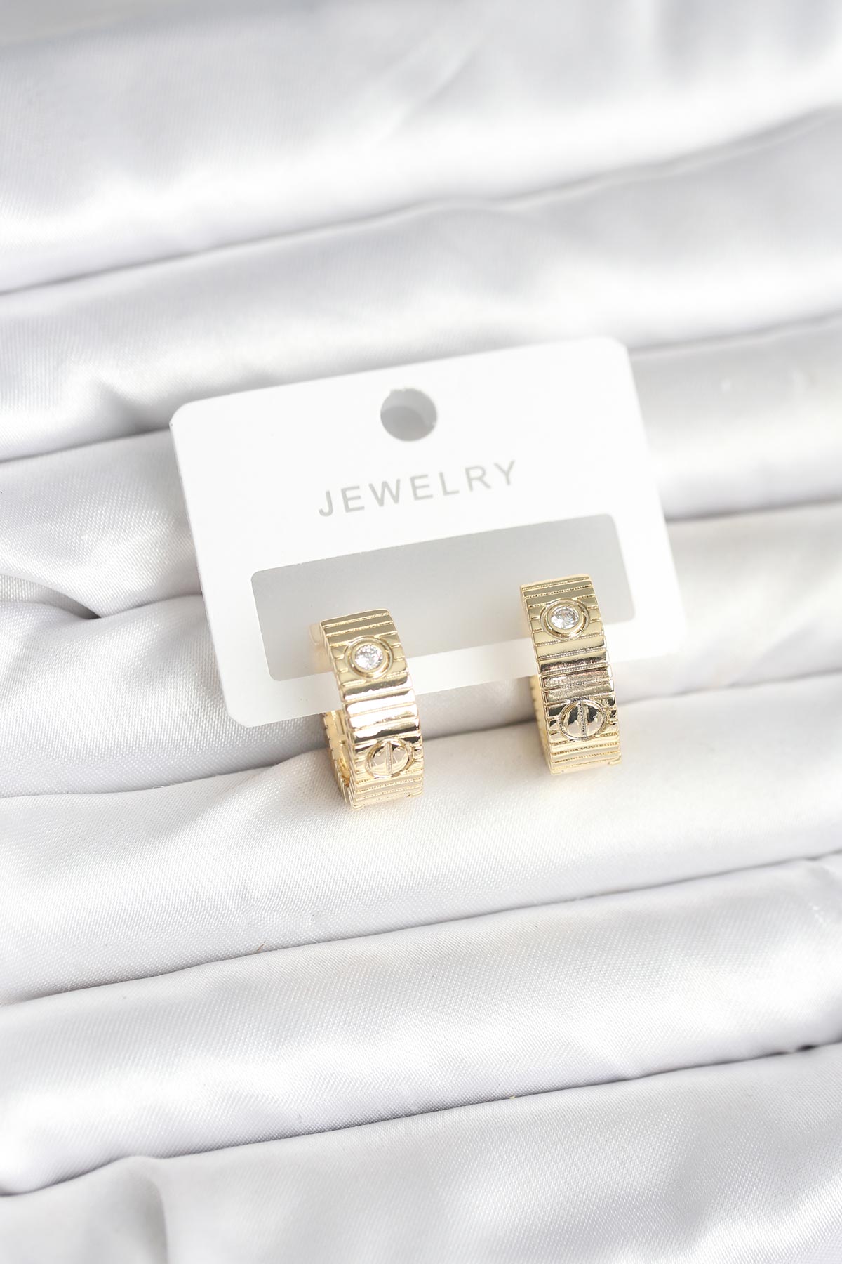 Pirinç Gold Renk Zirkon Taşlı Halka Kadın Küpe - Lisinya