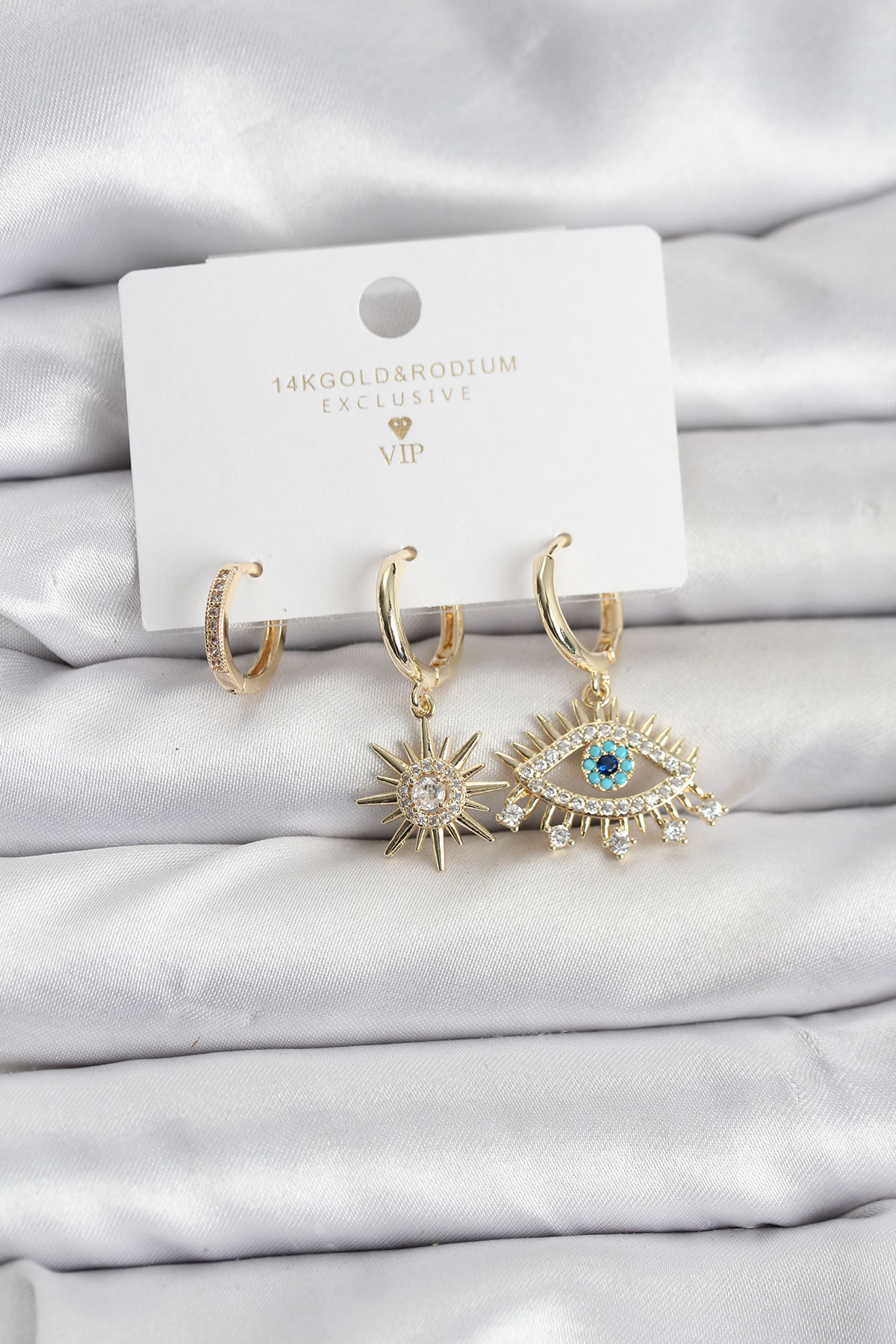 Göz Model Gold Renk Pirinç 3'lü Kadın Küpe Seti - Lisinya