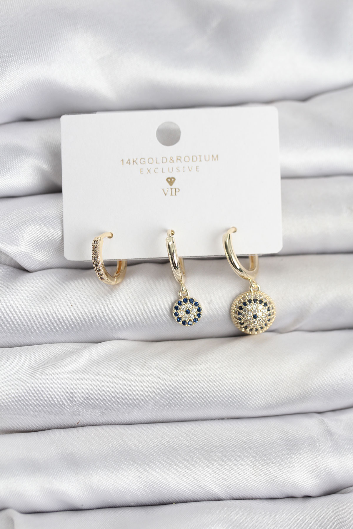 Nazar Model Gold Renk Pirinç 3'lü Kadın Küpe Seti - Lisinya