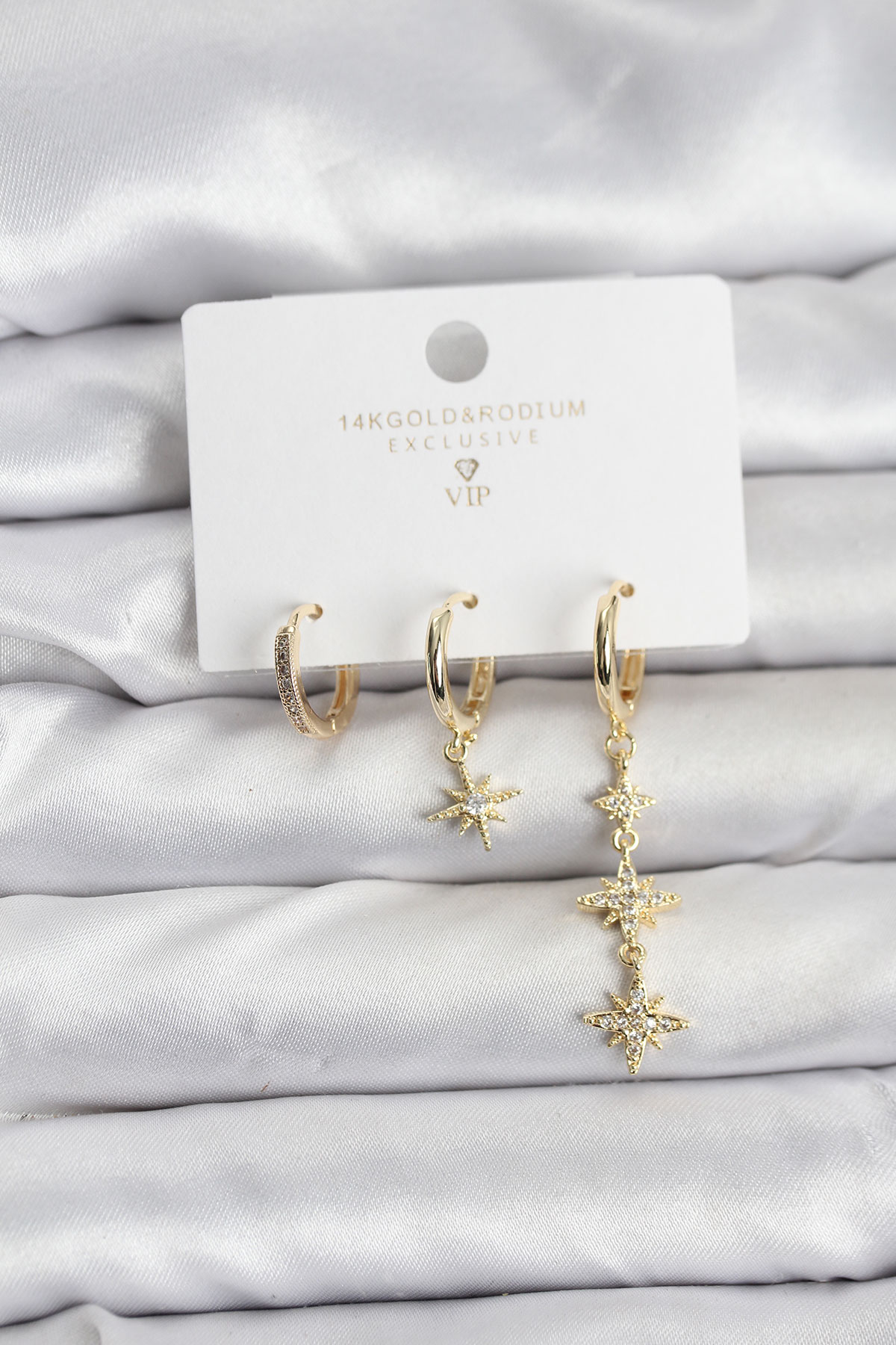 Kutup Yıldızı Model Gold Renk Pirinç 3'lü Kadın Küpe Seti - Lisinya